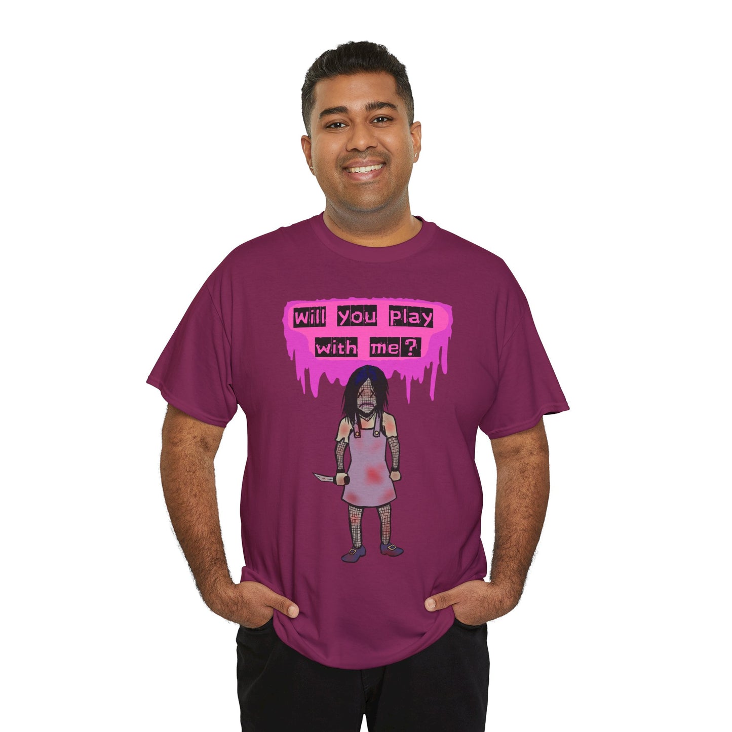 Playful Evil Doll Horror Graphic Tee, Unisex Heavy Cotton Shirt, Casual Wear, Unique Gift, Halloween Costume, Quirky Fashion