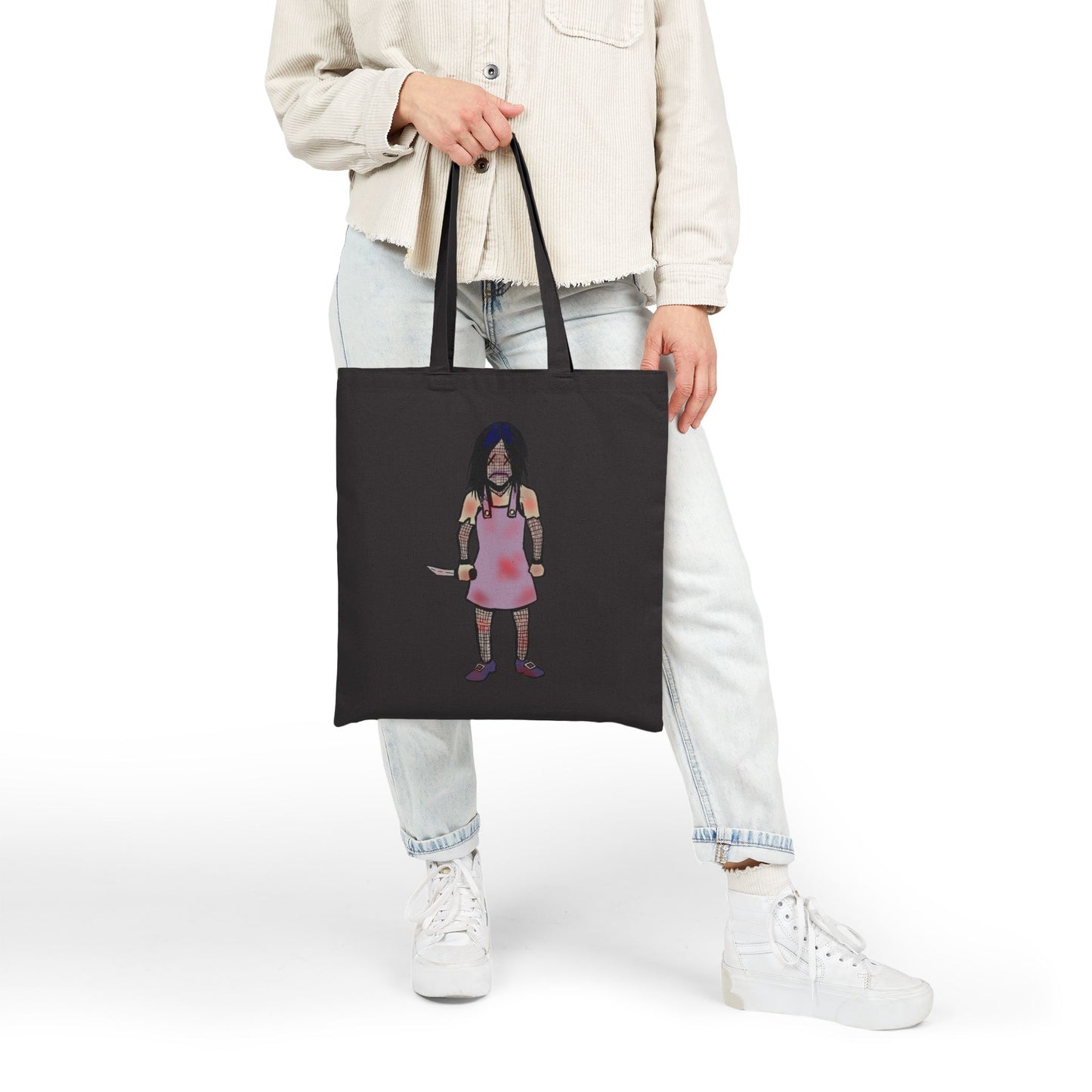Tote Bag — Cute Grimy Creepy Girl Illustration Canvas Tote (quirky horror, everyday reusable bag)