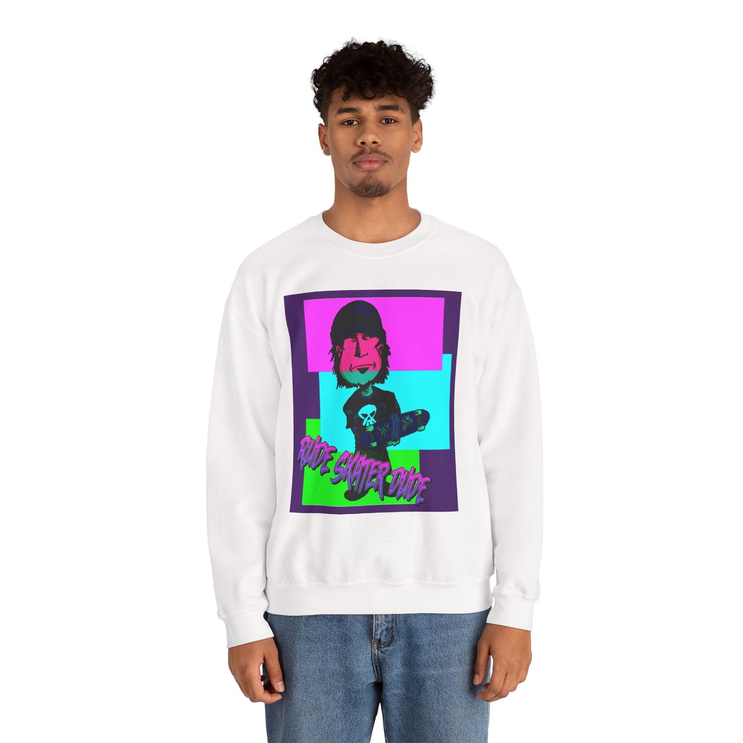 Crewneck Sweatshirt — Retro Neon Skate Punk "Rude Skater Dude" Graphic