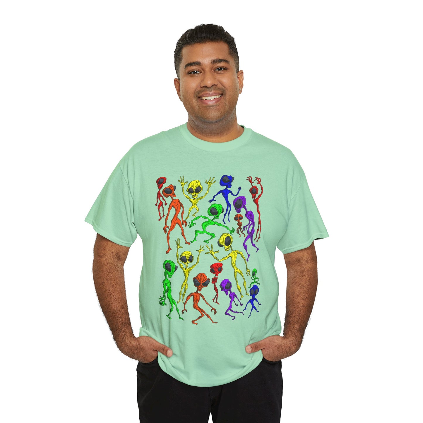 Rainbow Alien Dance Party Unisex Tee - Cosmic Sci-Fi Shirt
