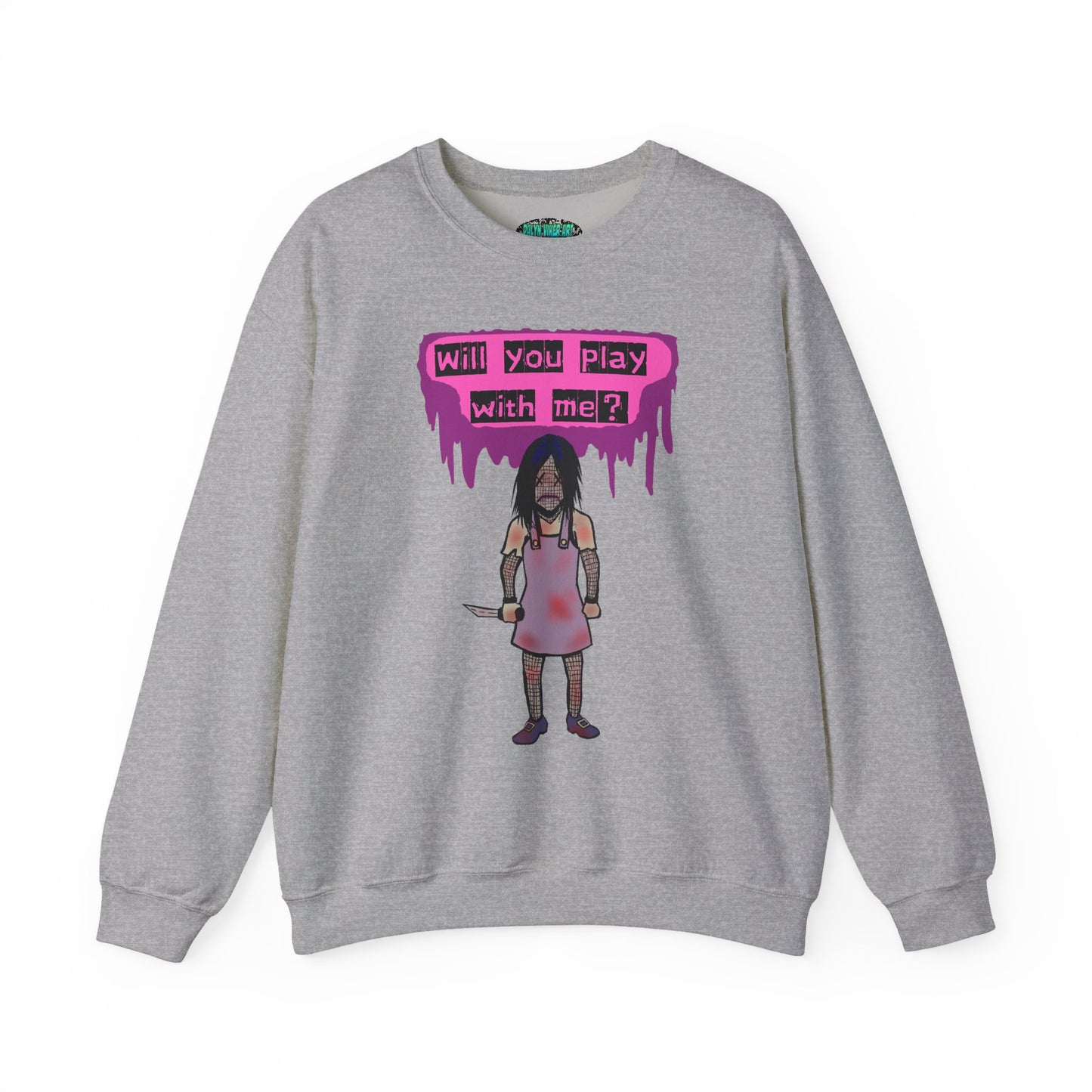Evil Doll GHOSTLY VINTAGE UNISEX CREWNECK SWEATSHIRT - "Will You Play With Me?"