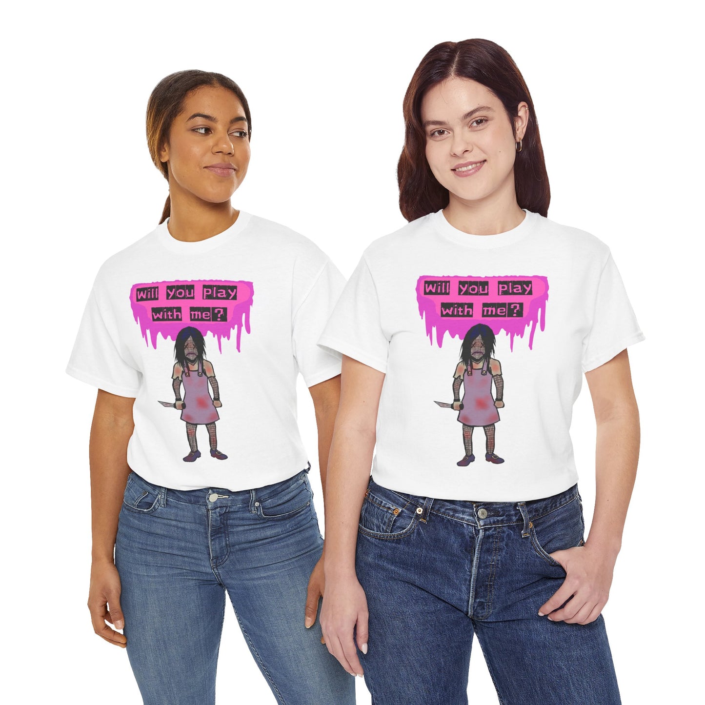 Playful Evil Doll Horror Graphic Tee, Unisex Heavy Cotton Shirt, Casual Wear, Unique Gift, Halloween Costume, Quirky Fashion