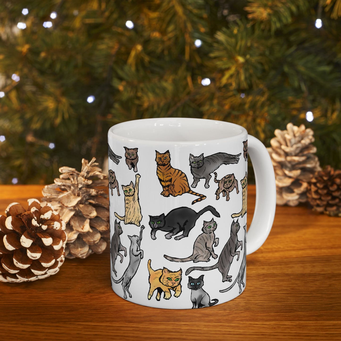 Cat Pattern Ceramic Mug — Cute Illustrated Cats Coffee Cup (11oz, 15oz)