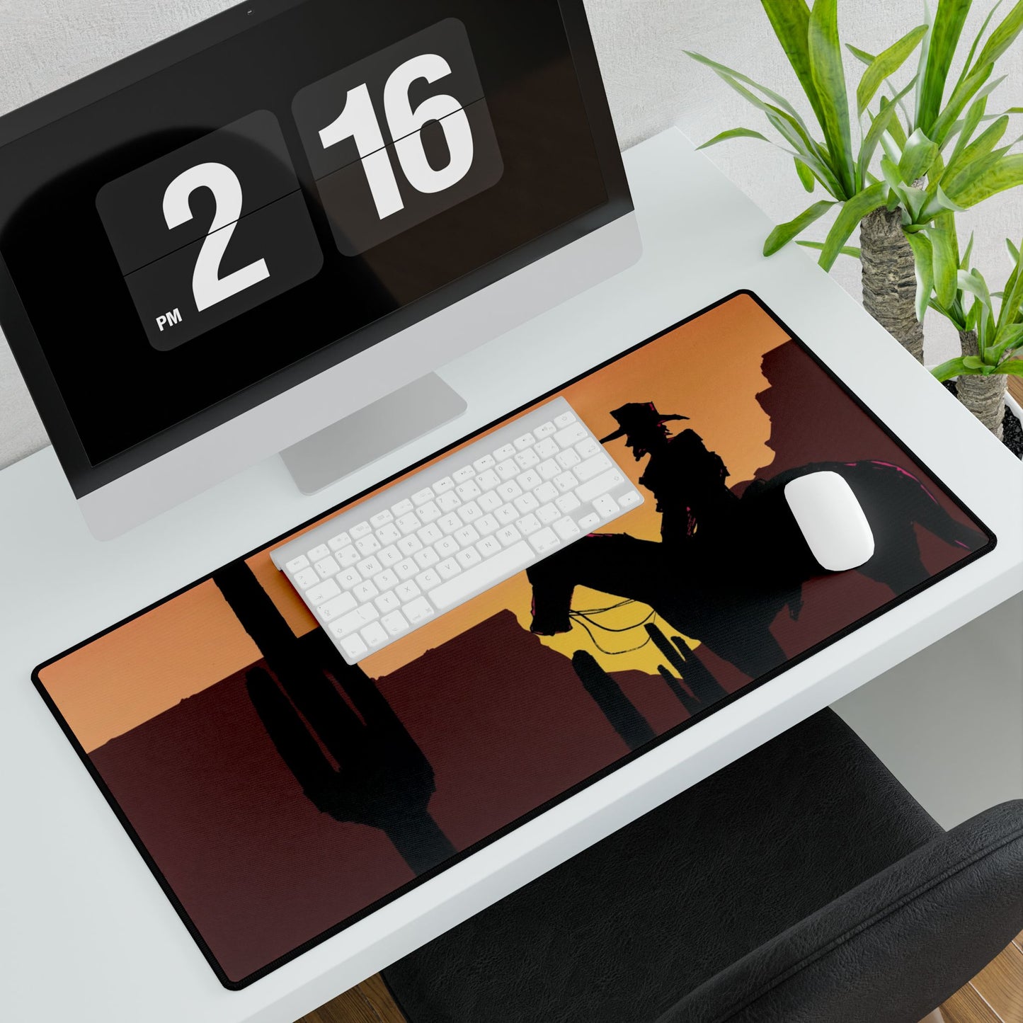 Western Sunset Desk Mat — Cowboy Silhouette Gaming Mouse Padard Playing Mat