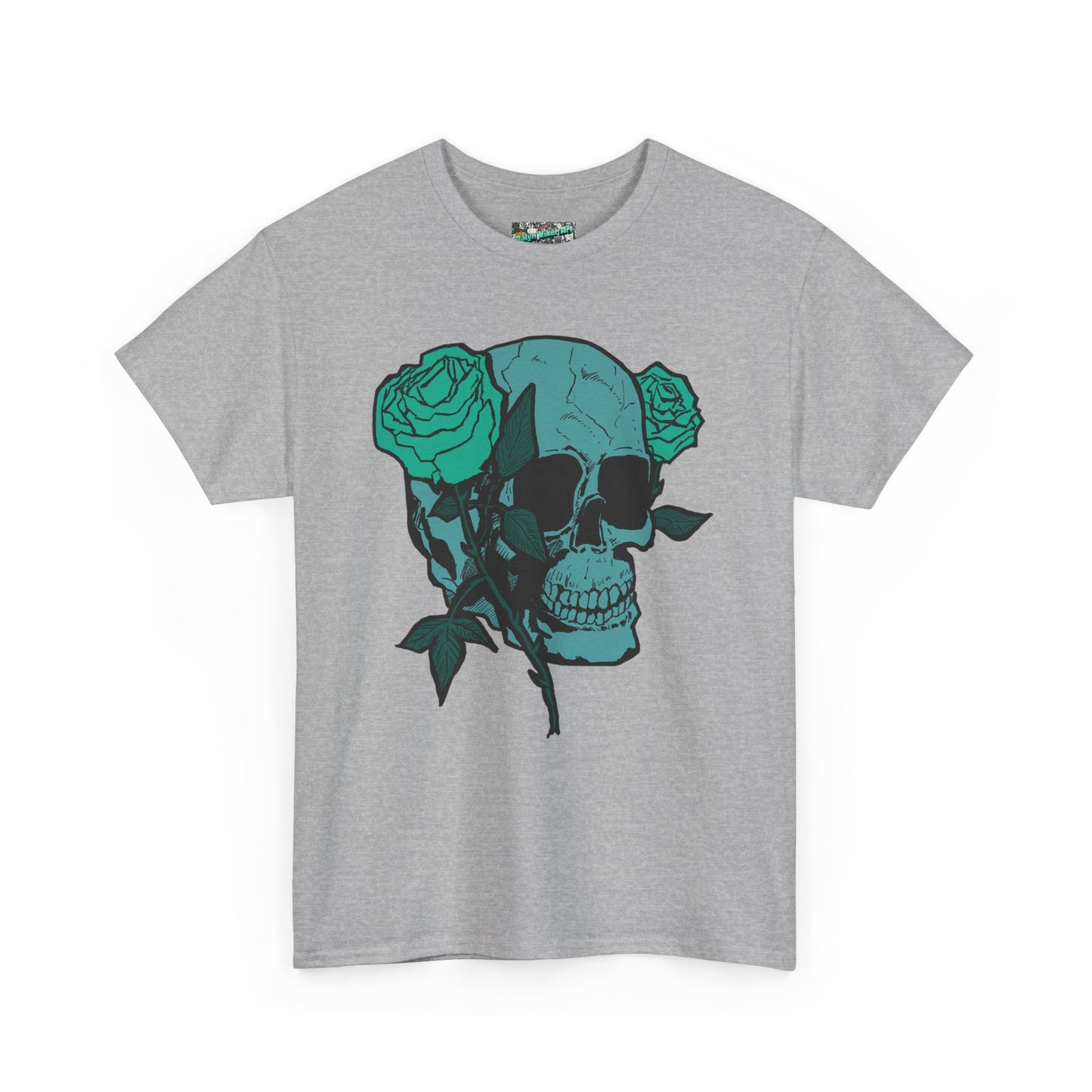 Skull & Roses Graphic Tee — Teal Skull Floral T-Shirt