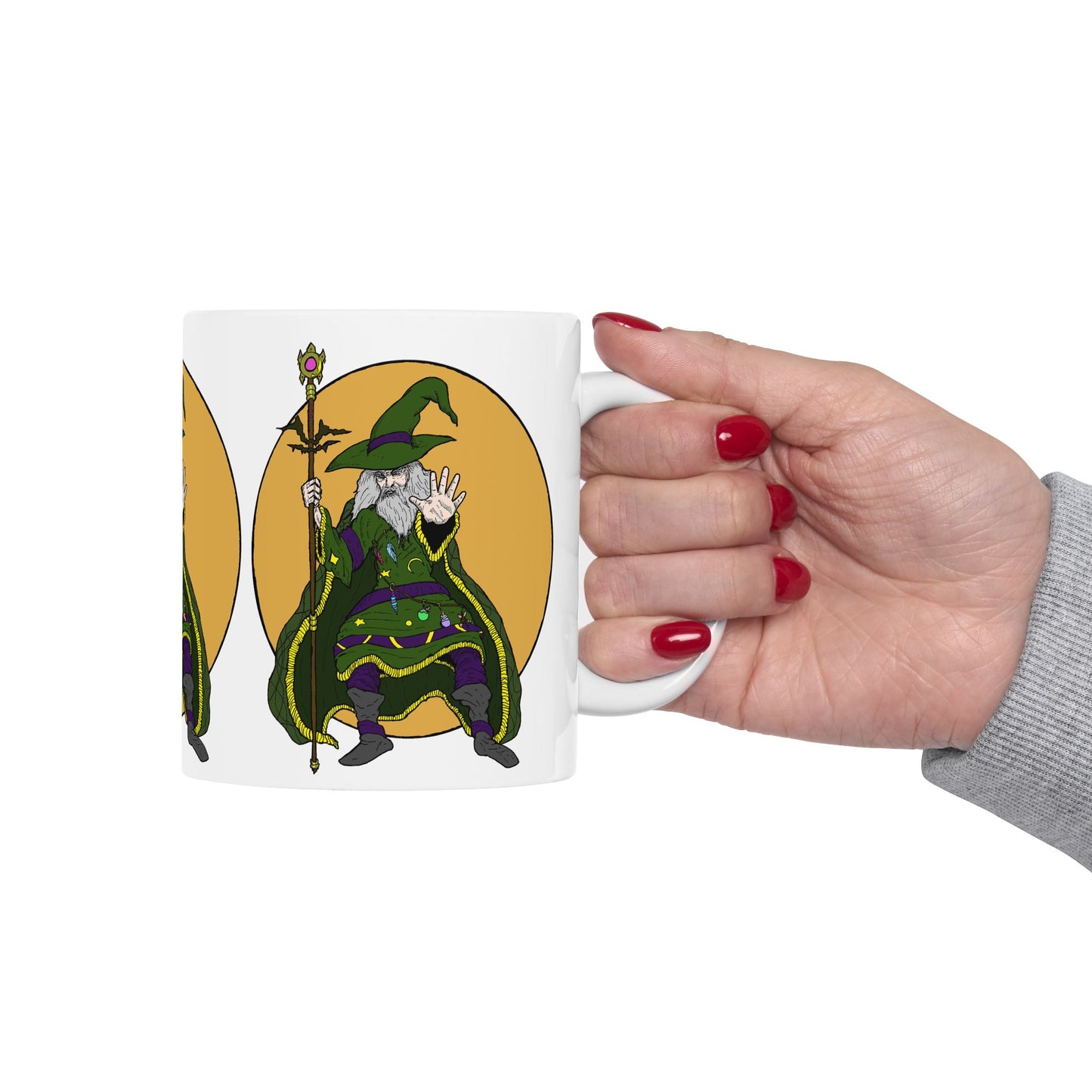 Wizard Holding a Magical Staff Ceramic Mug, (11oz)