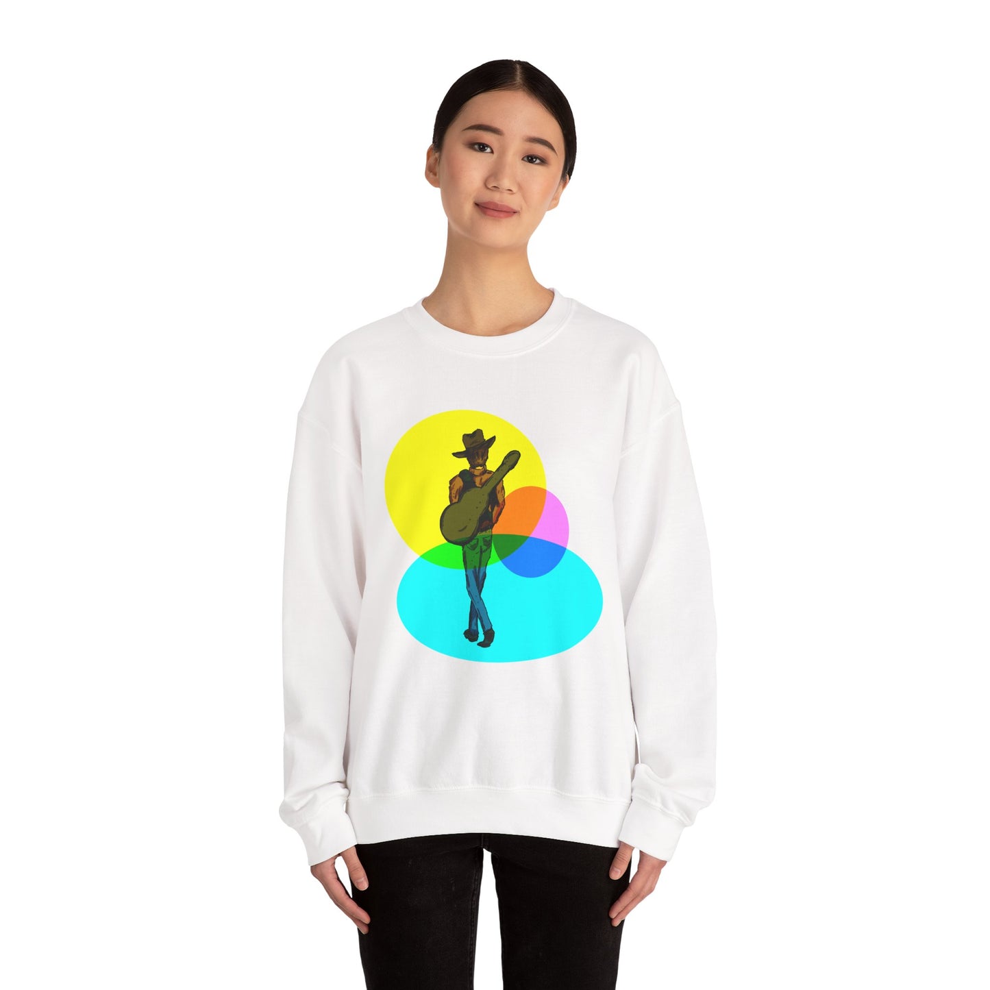 Cowboy Guitarist Graphic Sweatshirt — Retro Color Spot Music Pullover