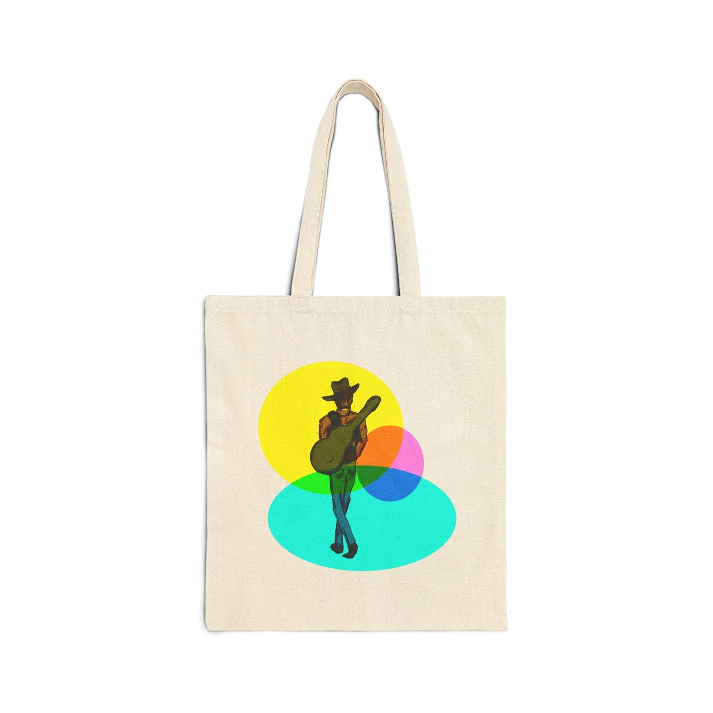 Cowboy Musician Tote Bag — Silhouette Guitarist Colorful Retro Circles Canvas Tote