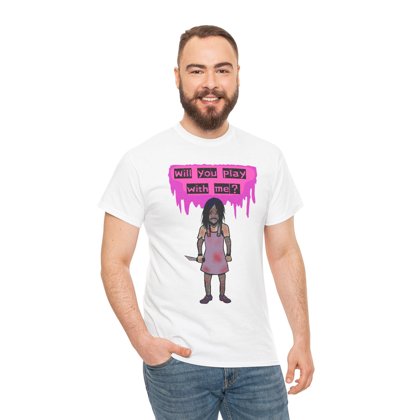 Playful Evil Doll Horror Graphic Tee, Unisex Heavy Cotton Shirt, Casual Wear, Unique Gift, Halloween Costume, Quirky Fashion