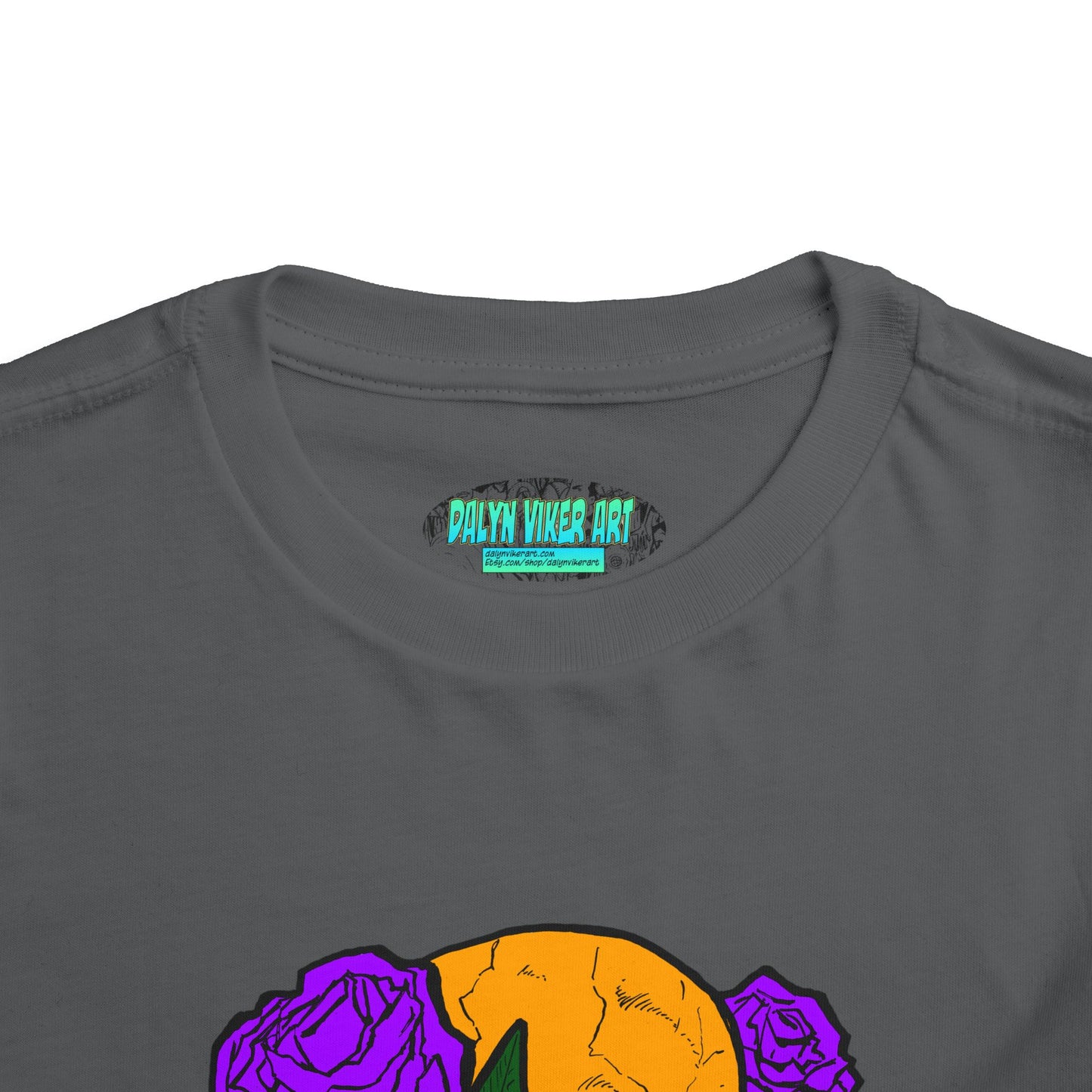 Toddler Tee — Orange Skull with Purple Roses Graphic