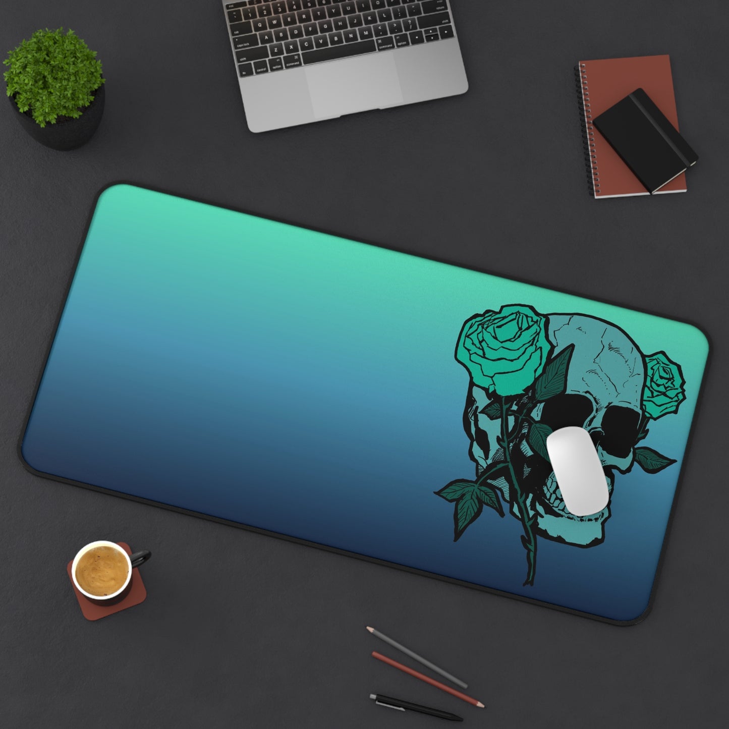 Teal Gradient Skull & Roses Desk Mat — Gothic Gaming Mousepad