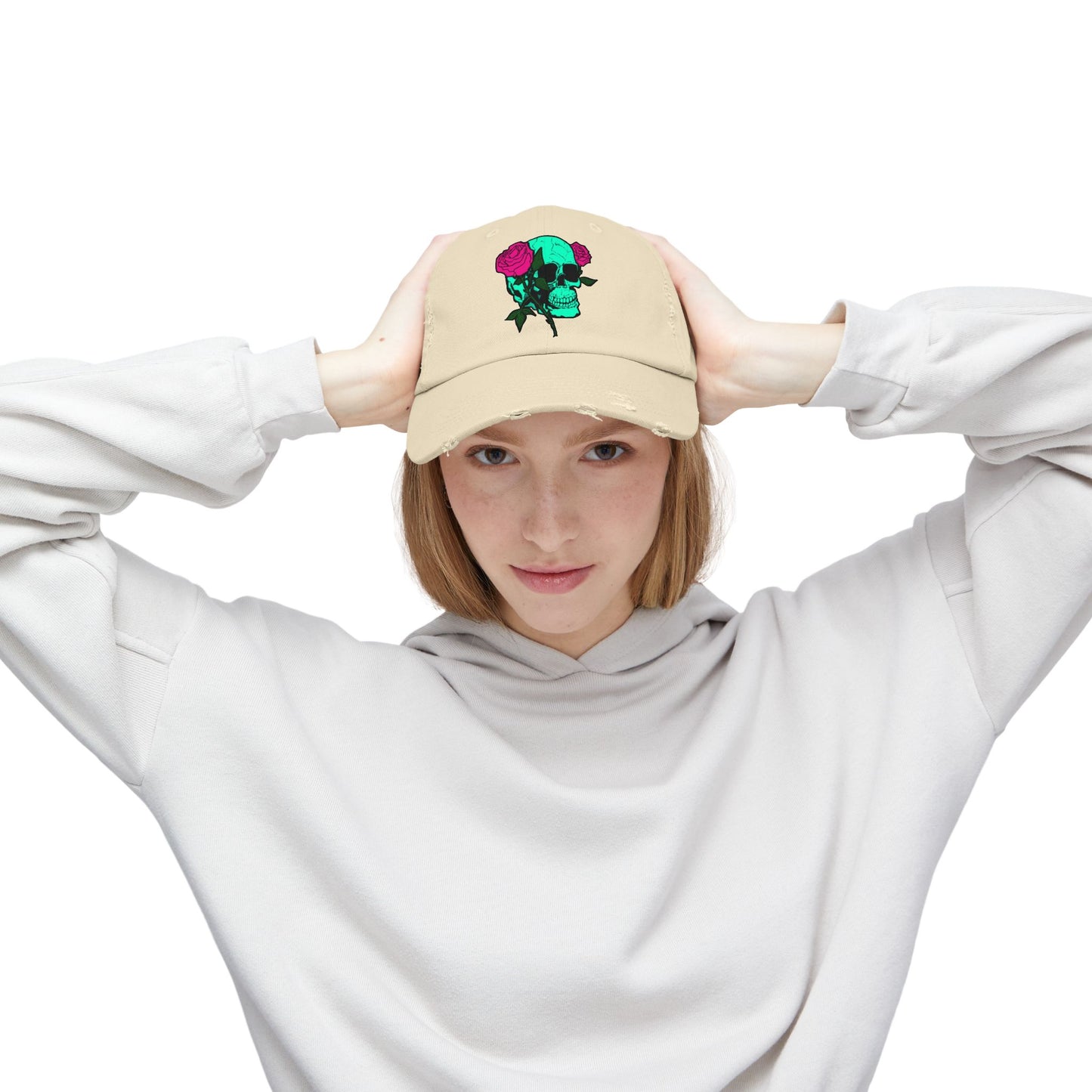 Trendy Distressed Skull Cap with Roses