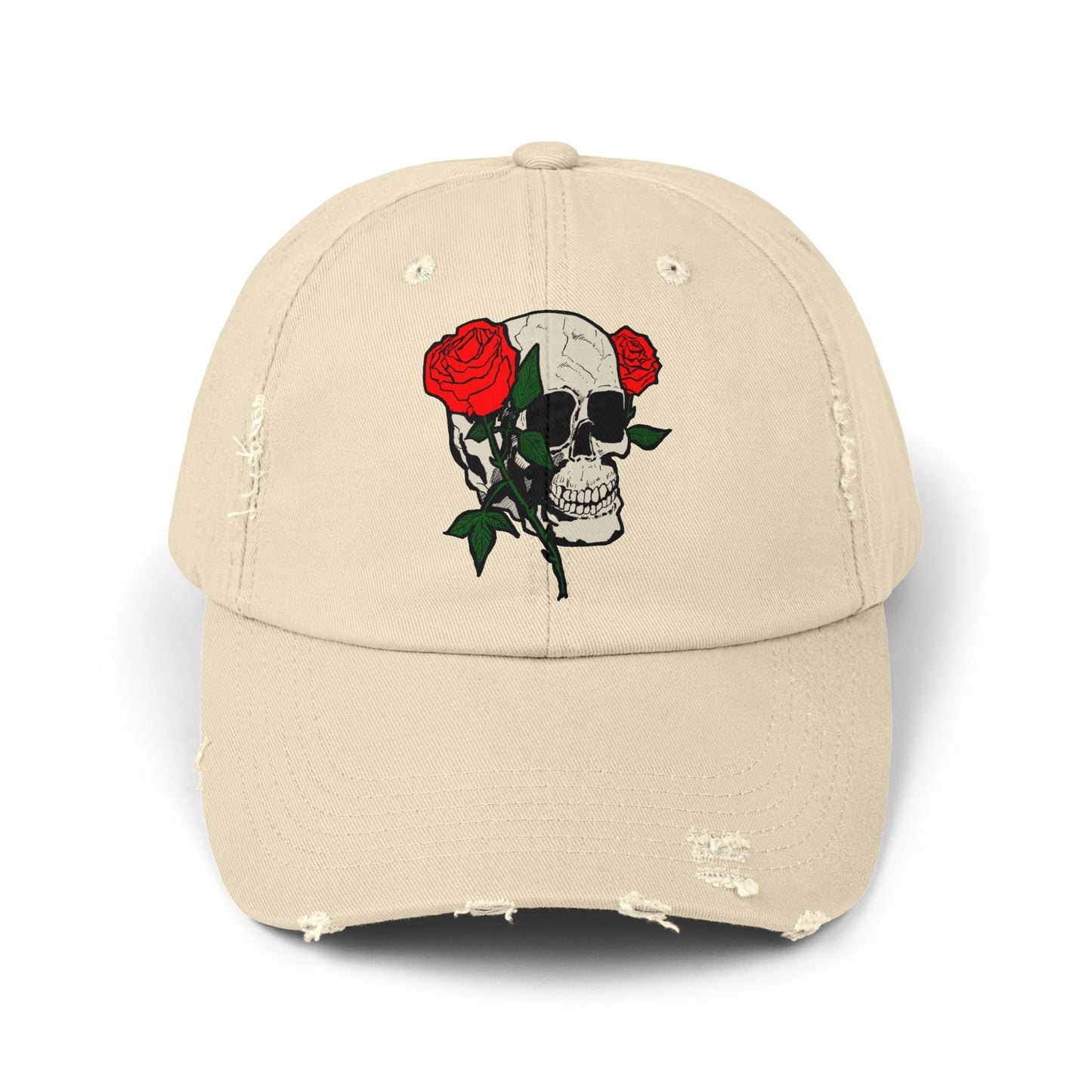 Skull and Roses Distressed Unisex Cap – Edgy Fashion Accessory for Music Lovers
