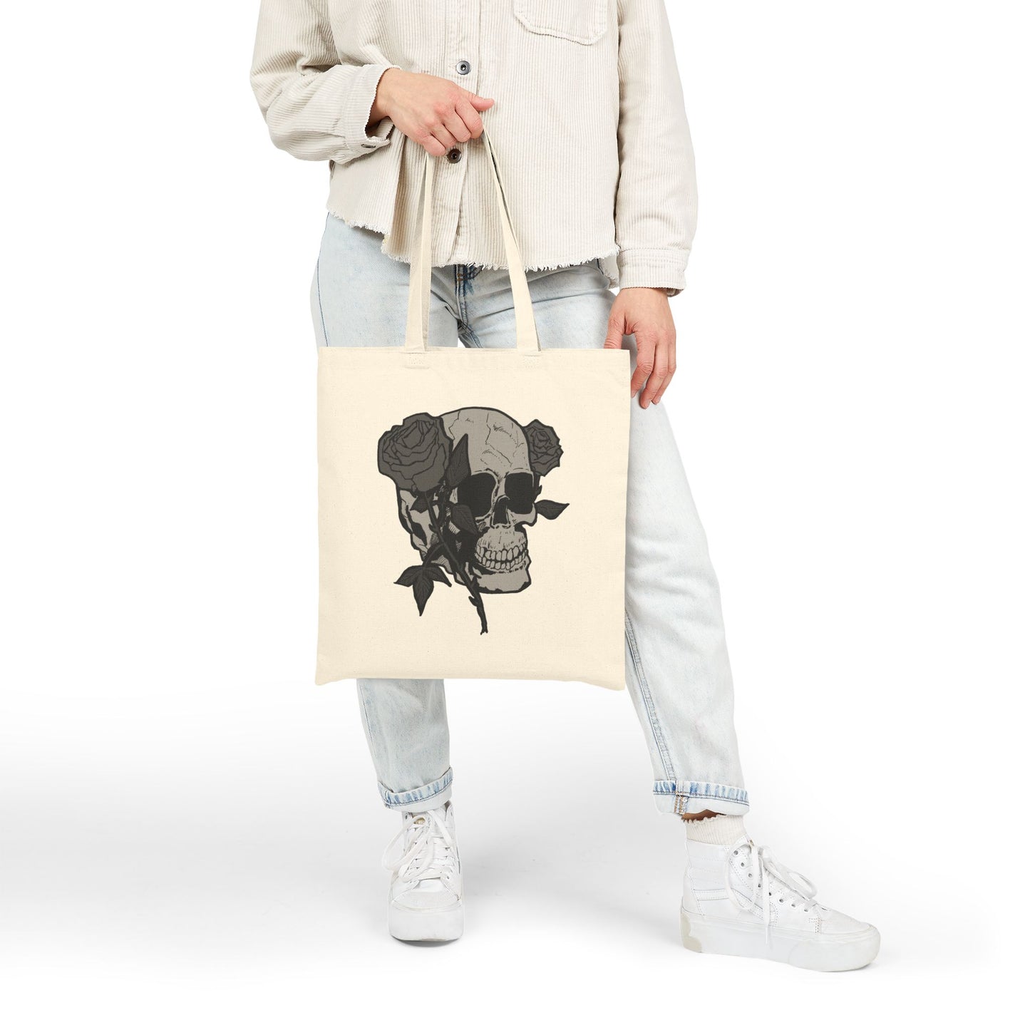 Skull with Roses Canvas Tote Bag — Gothic Floral Reusable Market Bag