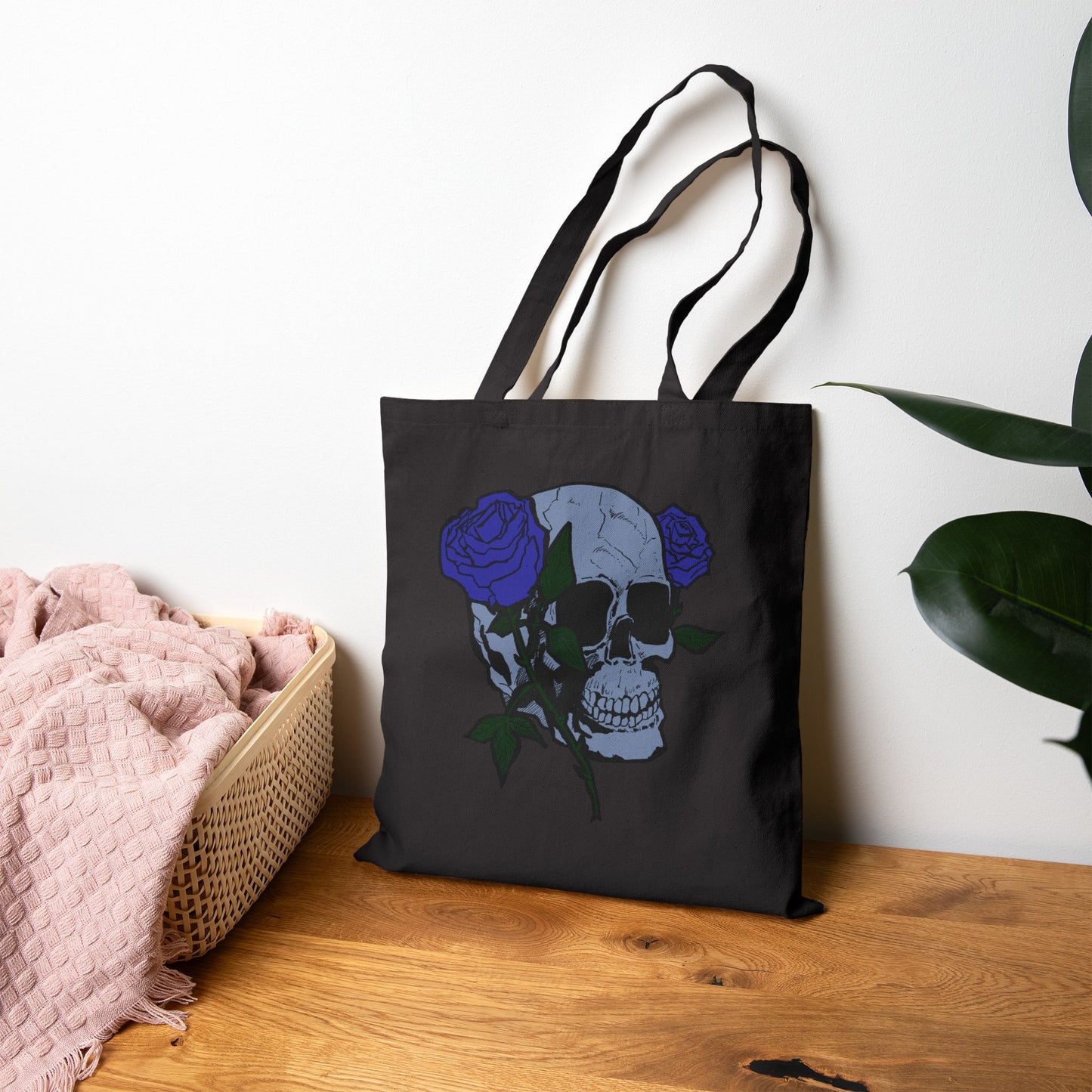 Skull with Blue Roses Cotton Tote Bag – Gothic Floral Canvas Shopper