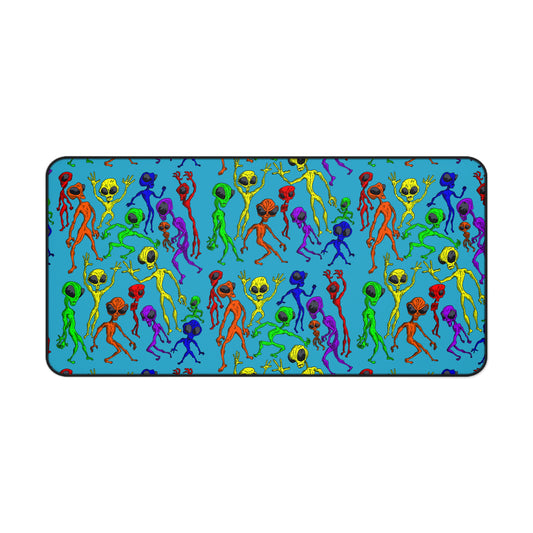 Desk Mat - Alien Dance Party Science Fiction Sci-Fi Rainbow Colors Tropical Blue Background