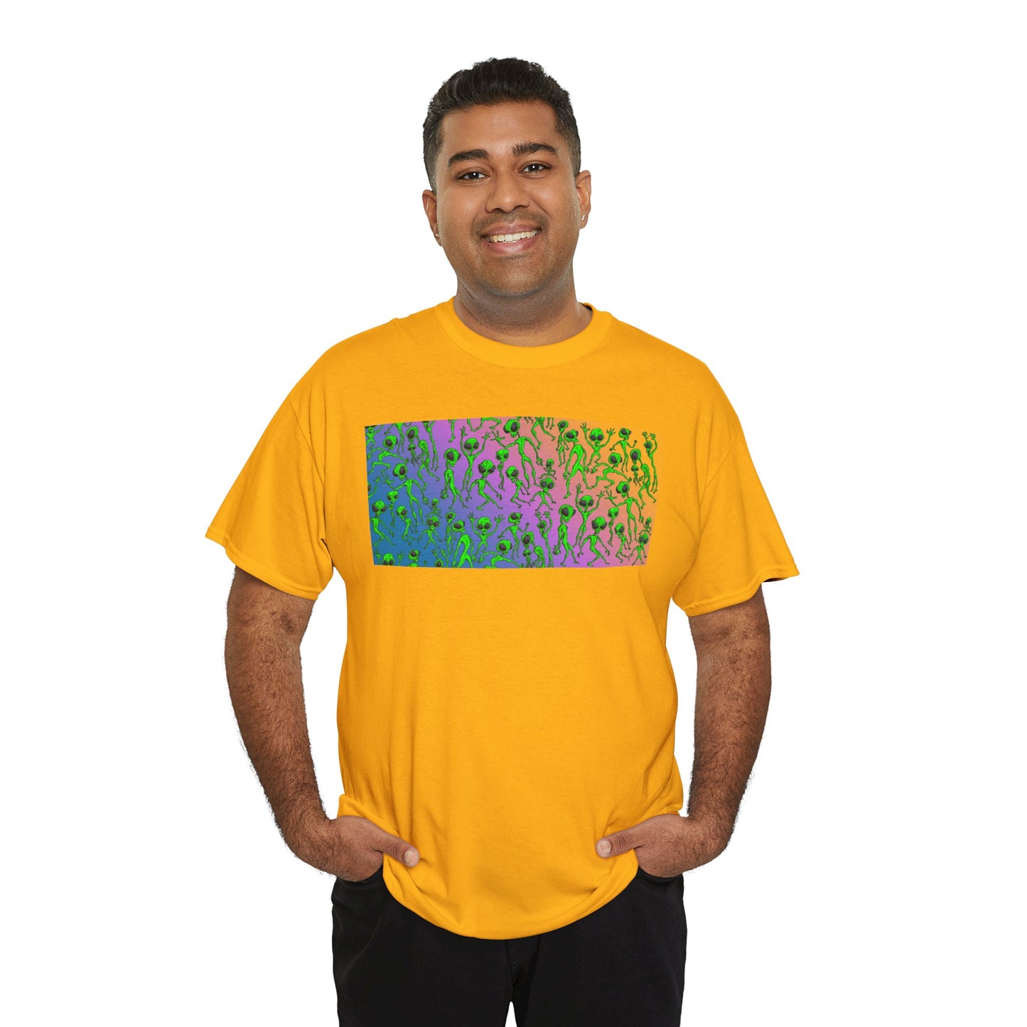 Alien Dance Party Gradient Tee — Colorful Psychedelic Green Aliens Art T-Shirt