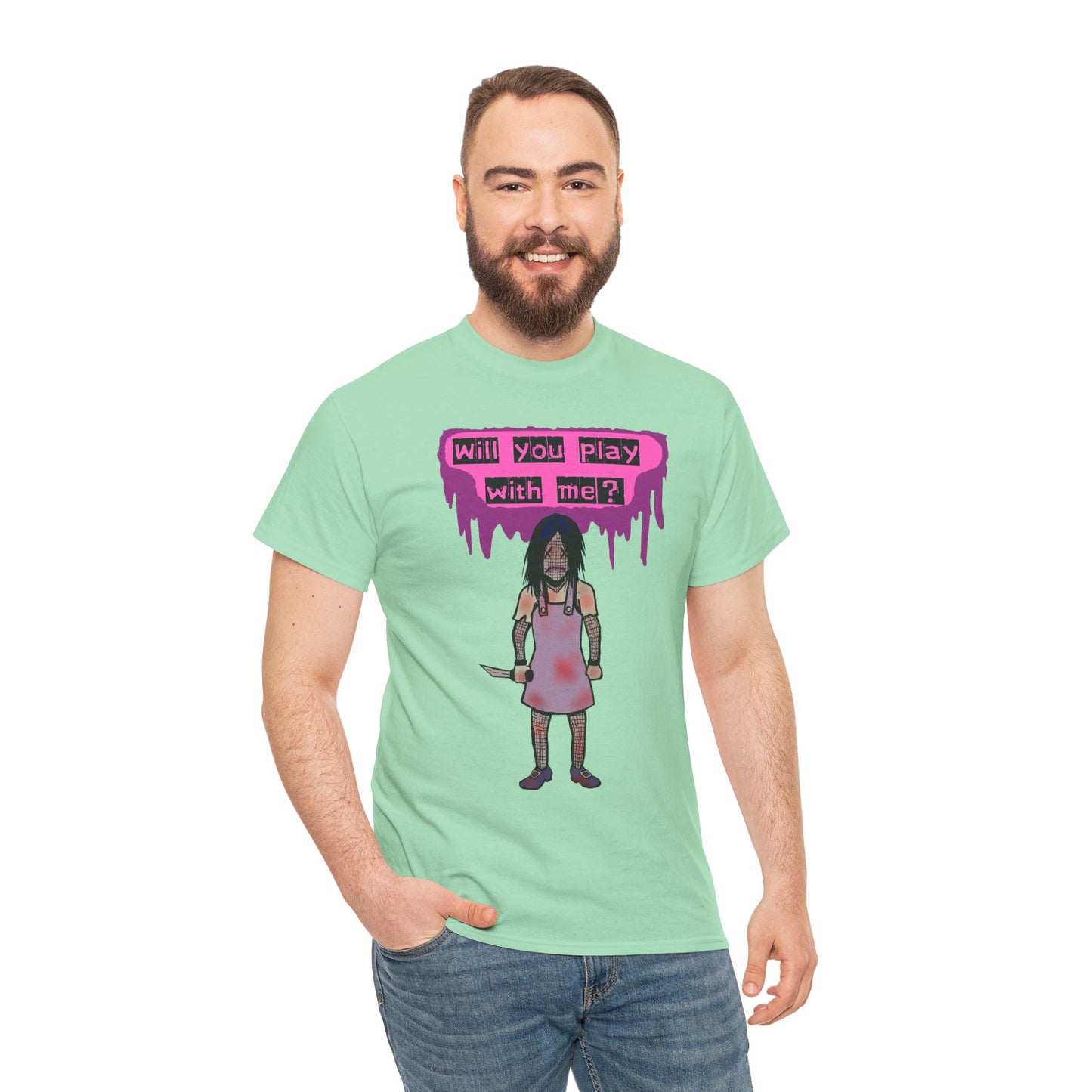 Chilling Evil Doll Horror Tee, Horror T-Shirt, Grey Tee, Unique Graphic Tee, Unisex Tee, Playful Scary Top, Halloween Shirt