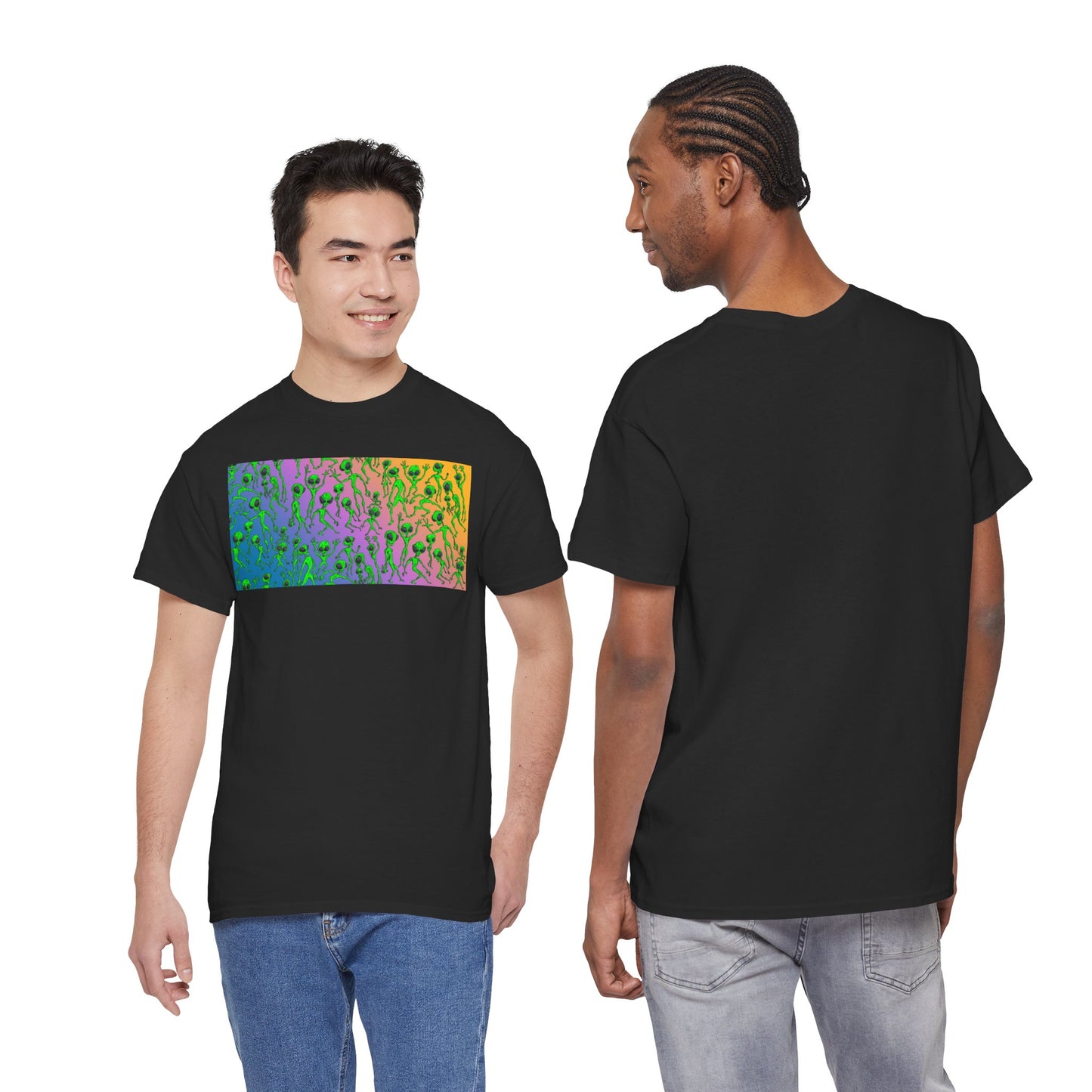 Alien Dance Party Gradient Tee — Colorful Psychedelic Green Aliens Art T-Shirt