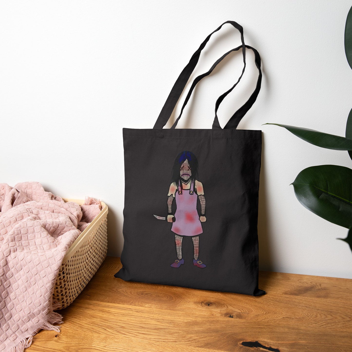 Tote Bag — Cute Grimy Creepy Girl Illustration Canvas Tote (quirky horror, everyday reusable bag)