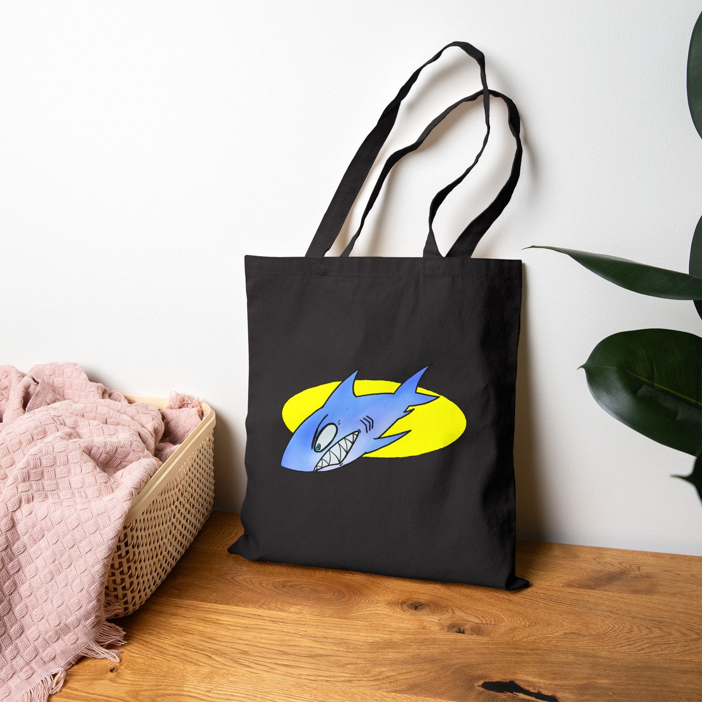 Shark Graphic Tote Bag – Retro Blue Shark Design on Natural Canvas