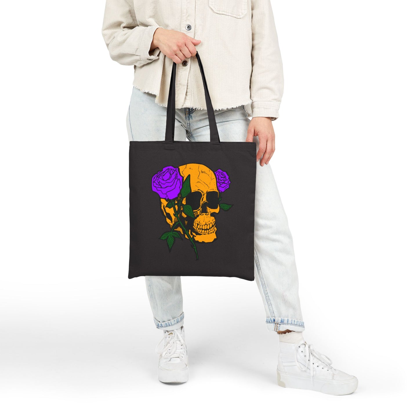 Skull with Purple Roses Canvas Tote Bag