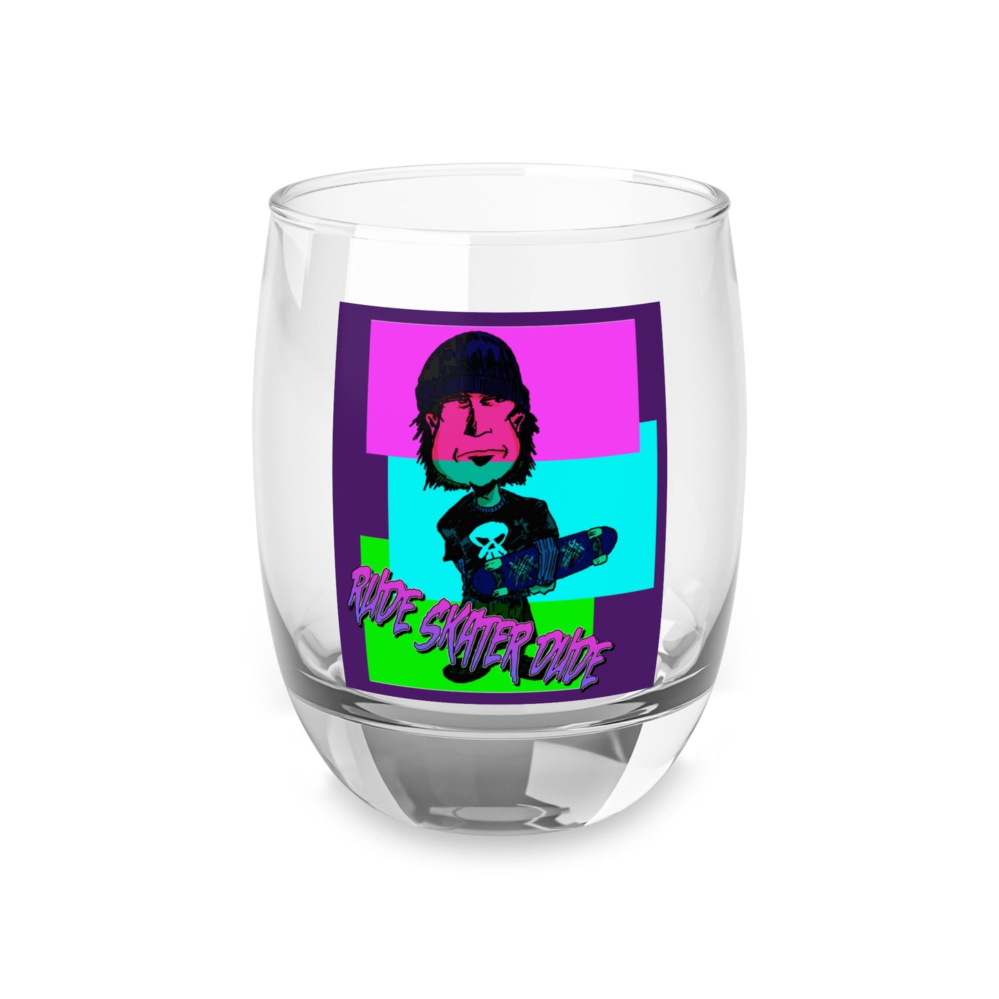 Retro Skateboarder Whiskey Glass – Neon Punk 'Rude Skater Dude' Rocks Glass