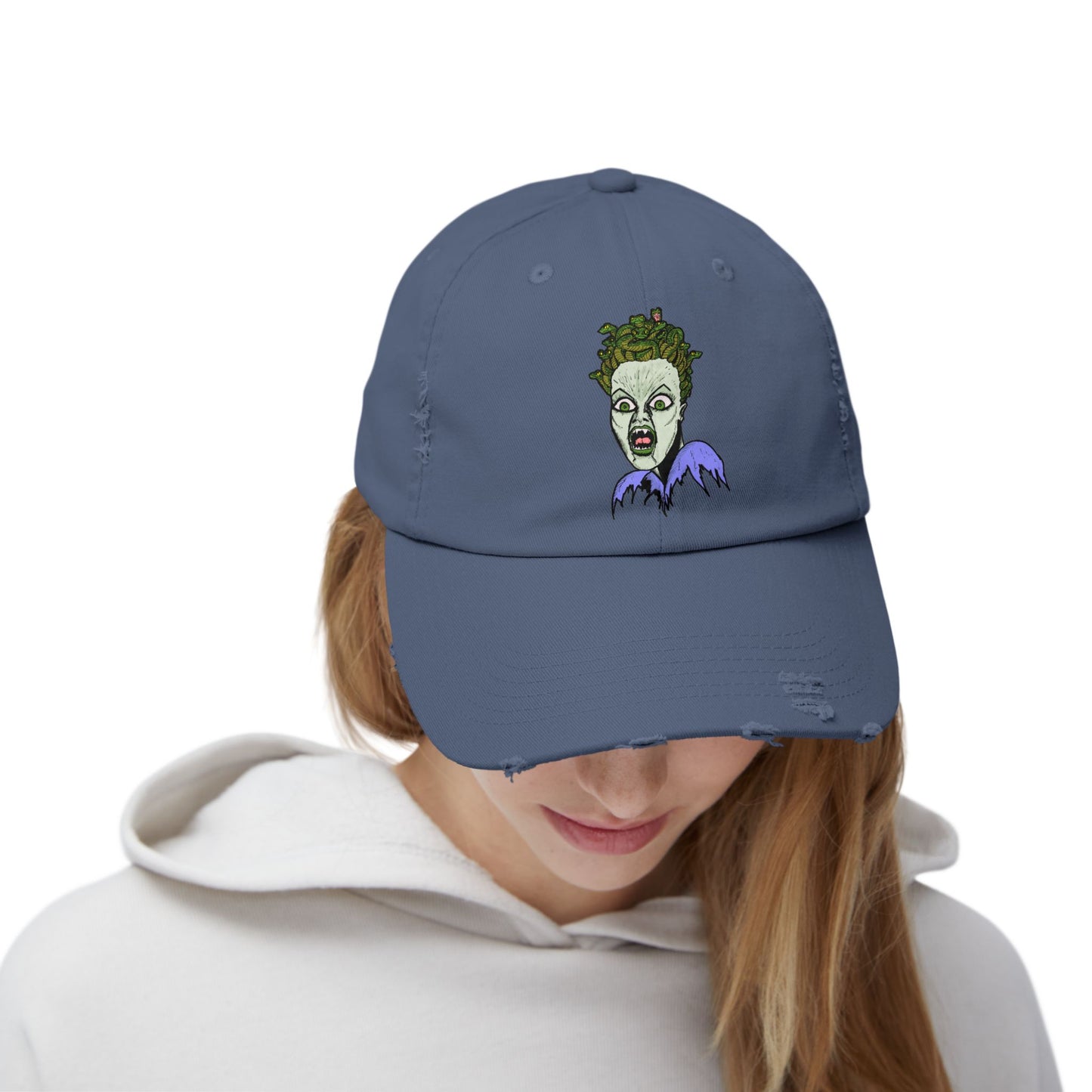 Medusa Unisex Distressed Cap with Eerie Design, Casual Hat, Halloween Accessory, Statement Cap, Gift for Horror Fans, Trendy Distressed Hat