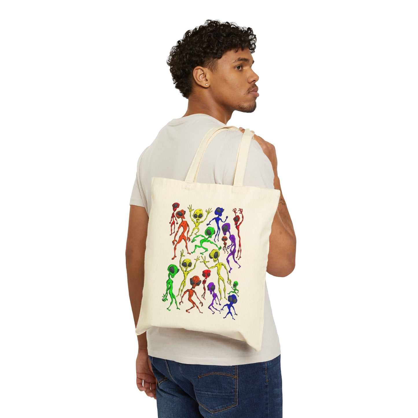Alien Dance Party Canvas Tote Bag — Colorful Dancing Aliens Graphic Eco Shopper