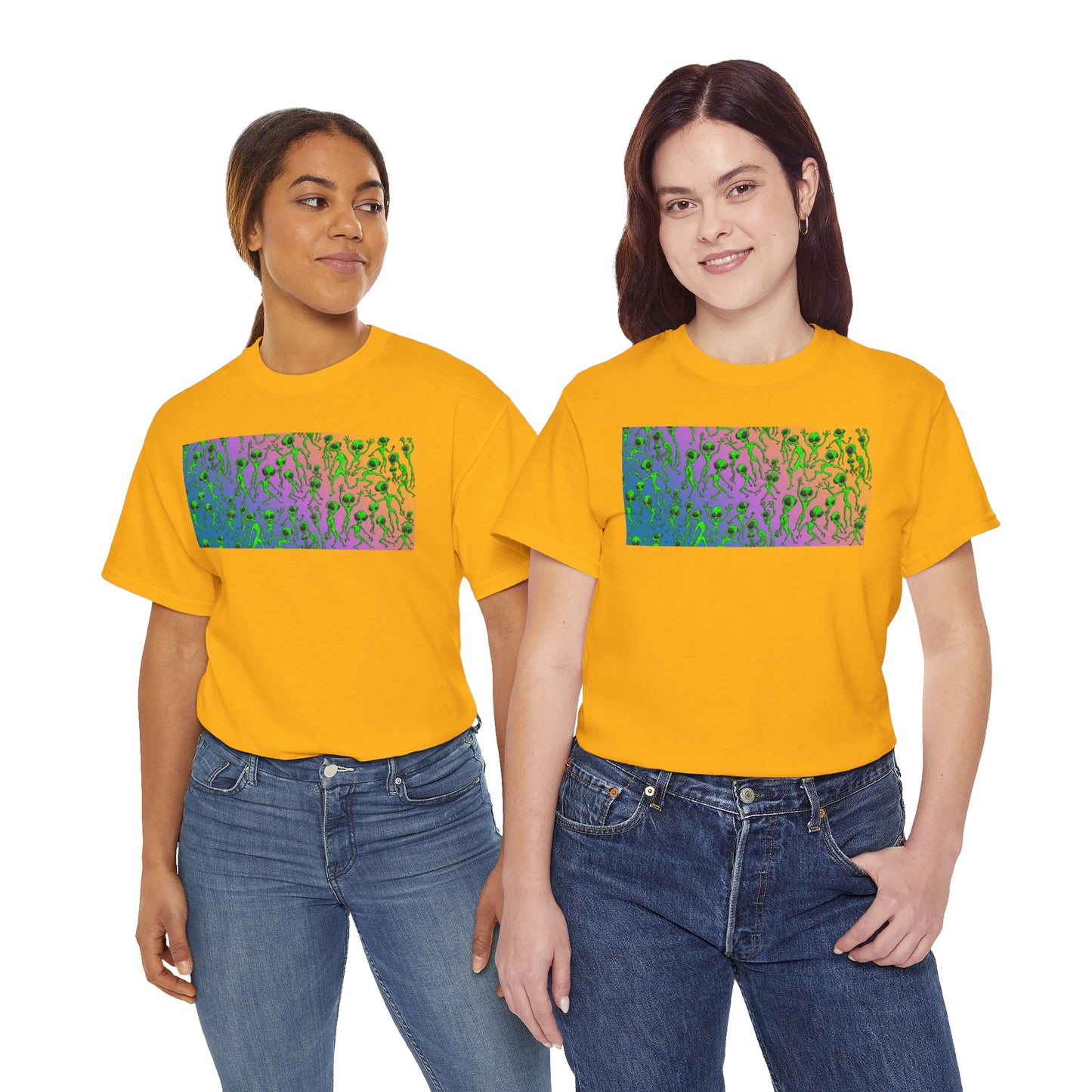 Alien Dance Party Gradient Tee — Colorful Psychedelic Green Aliens Art T-Shirt