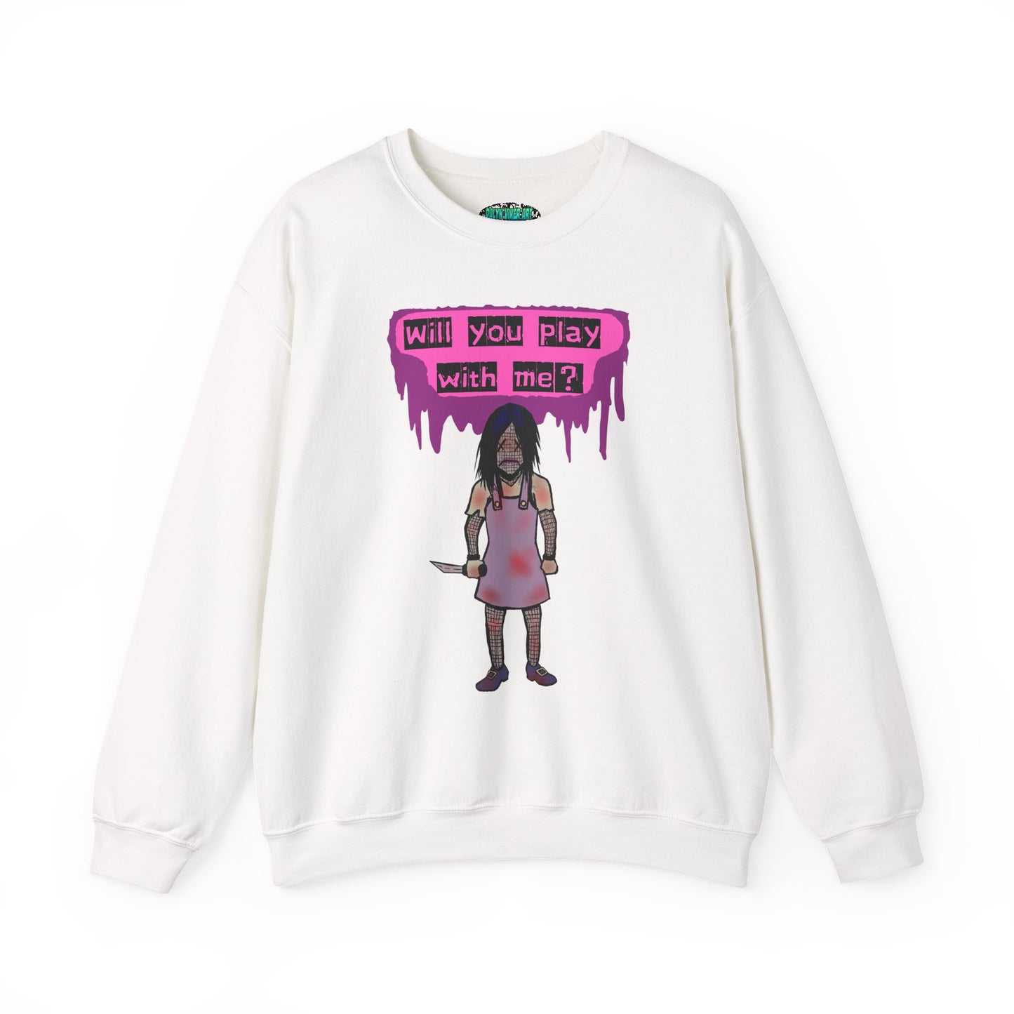 Evil Doll GHOSTLY VINTAGE UNISEX CREWNECK SWEATSHIRT - "Will You Play With Me?"