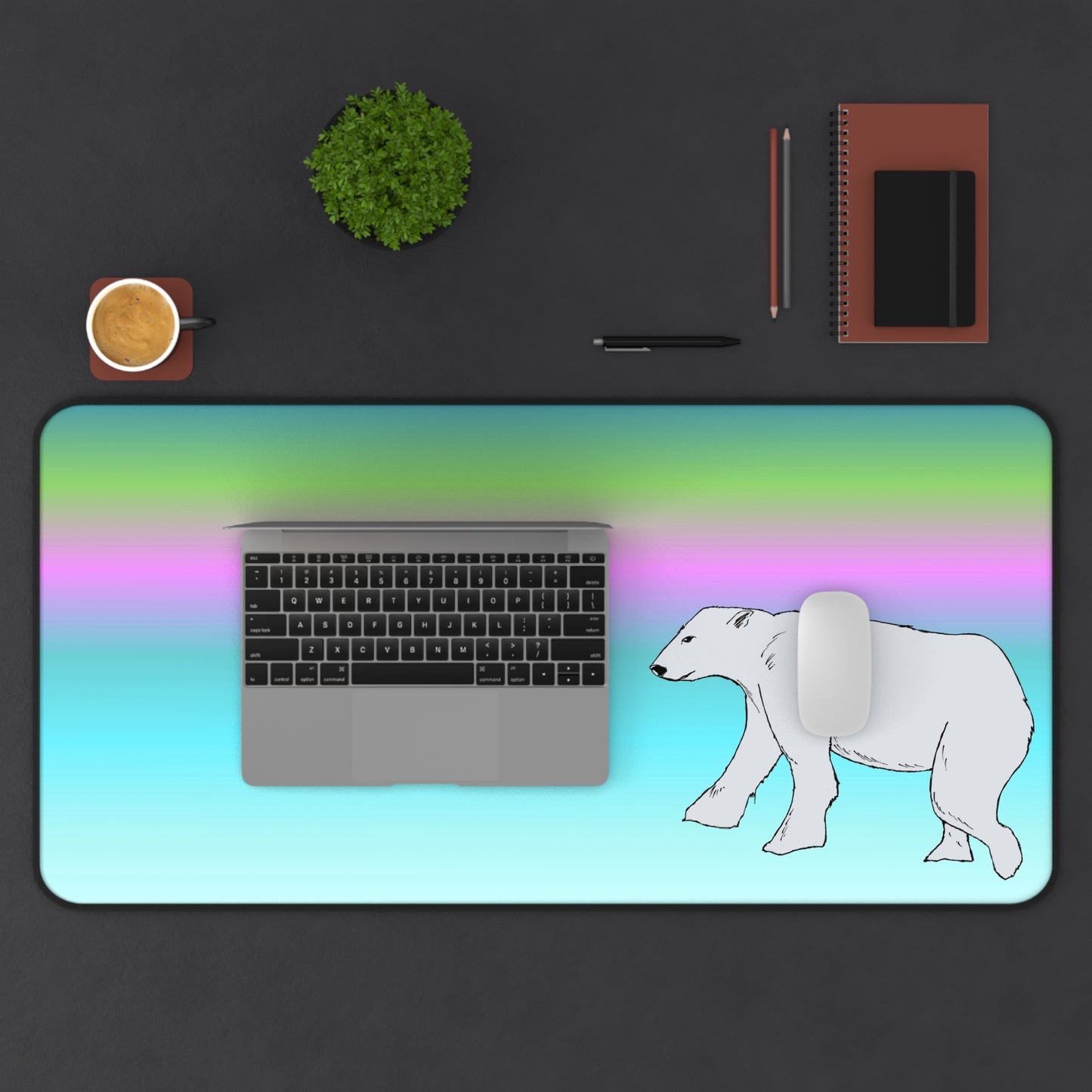 Polar Bear Northern Lights Gradient Desk Mat — Pastel Aurora Gaming & Office Mouse Pad