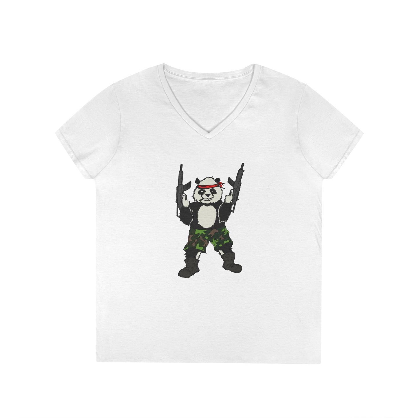Ladies' V-Neck T-Shirt - Cool Panda with Guns Graphic Tee