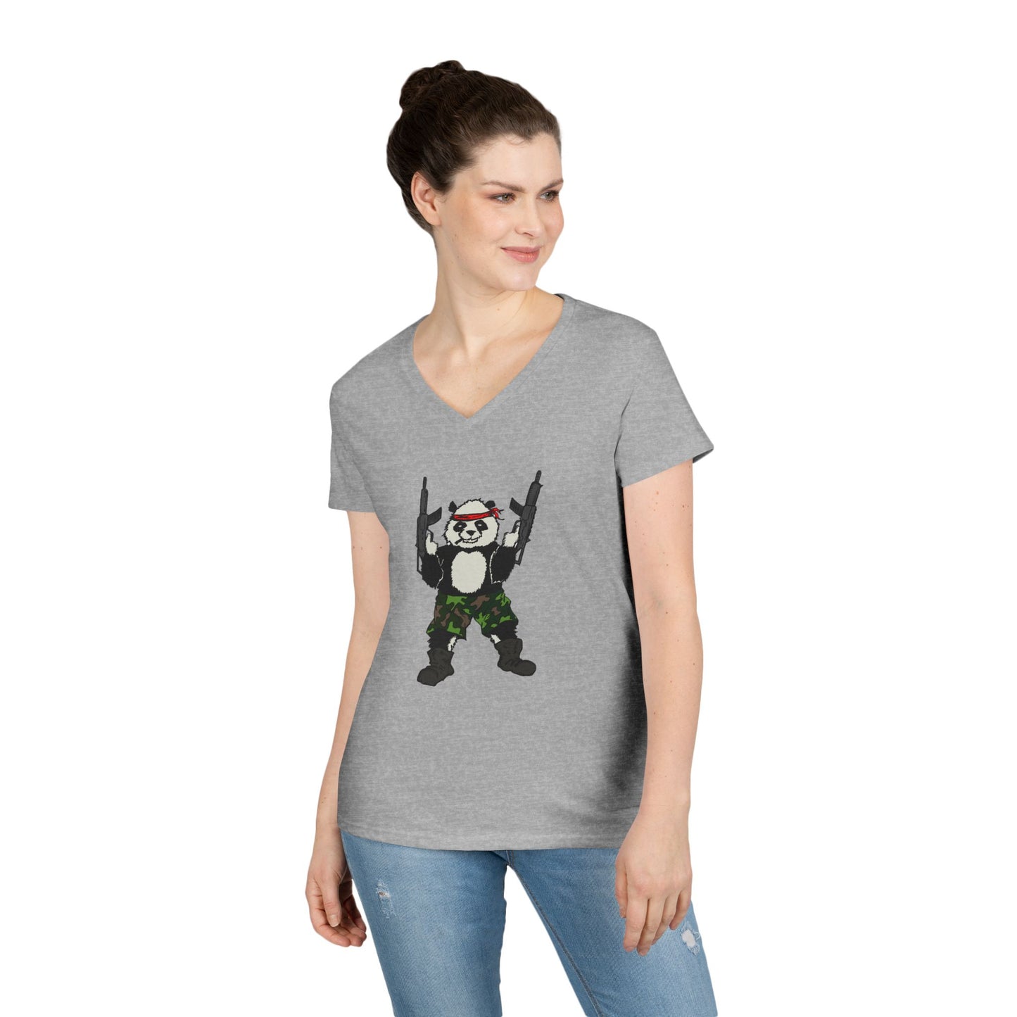Ladies' V-Neck T-Shirt - Cool Panda with Guns Graphic Tee
