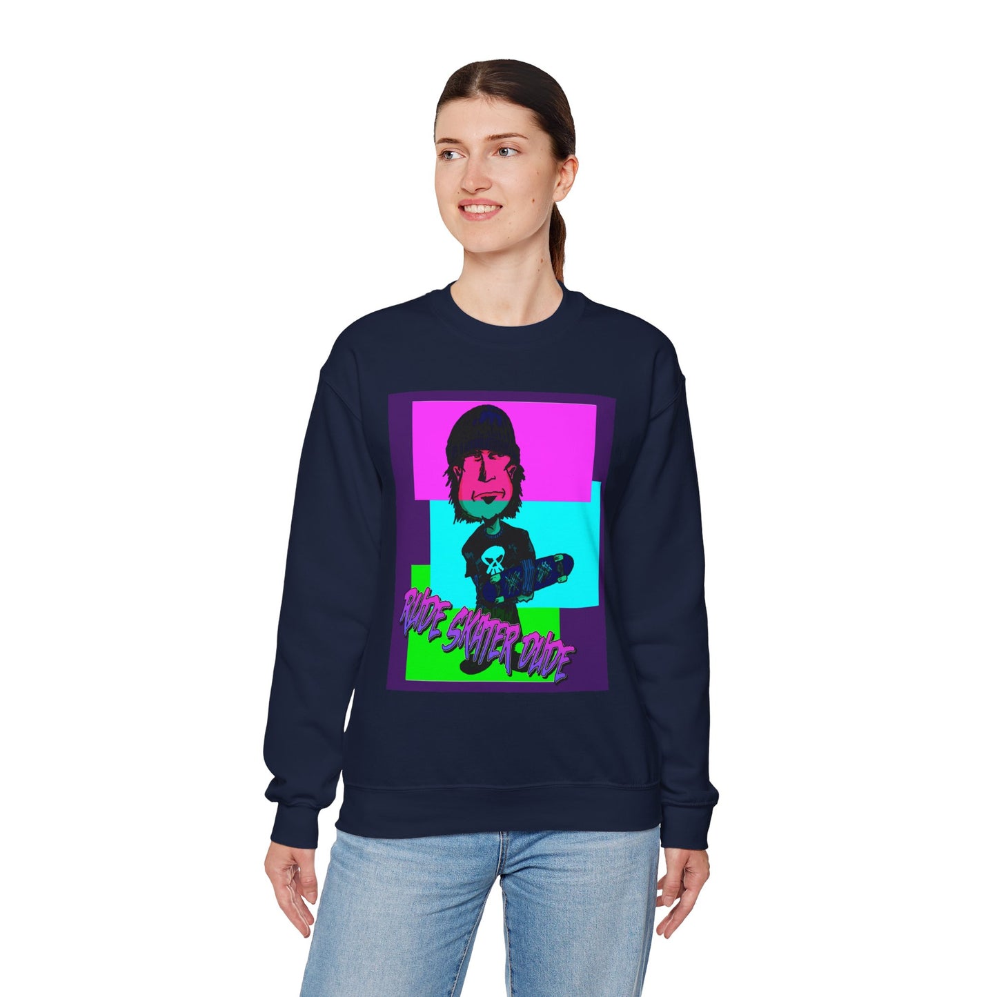 Crewneck Sweatshirt — Retro Neon Skate Punk "Rude Skater Dude" Graphic
