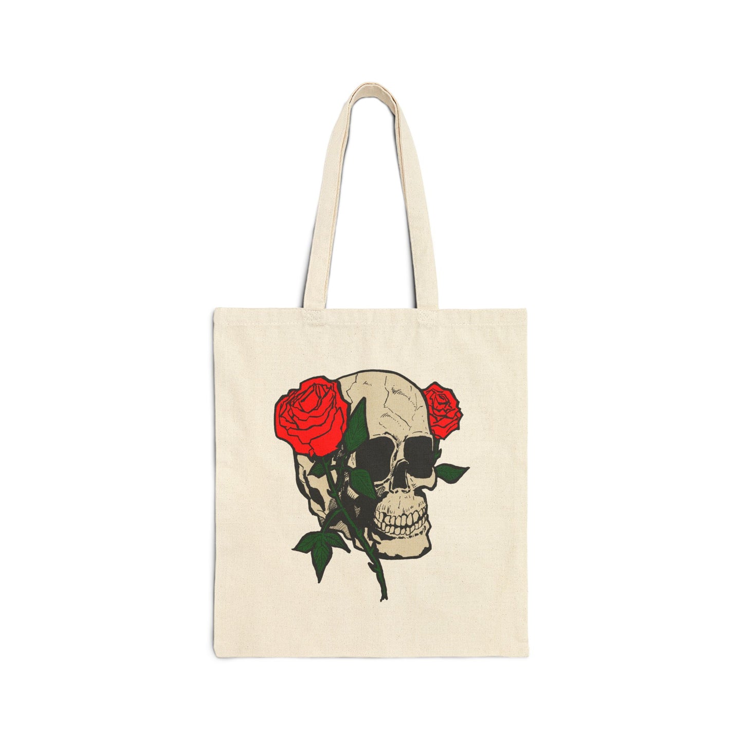 Skull & Roses Canvas Tote Bag — Gothic Floral Reusable Shopper
