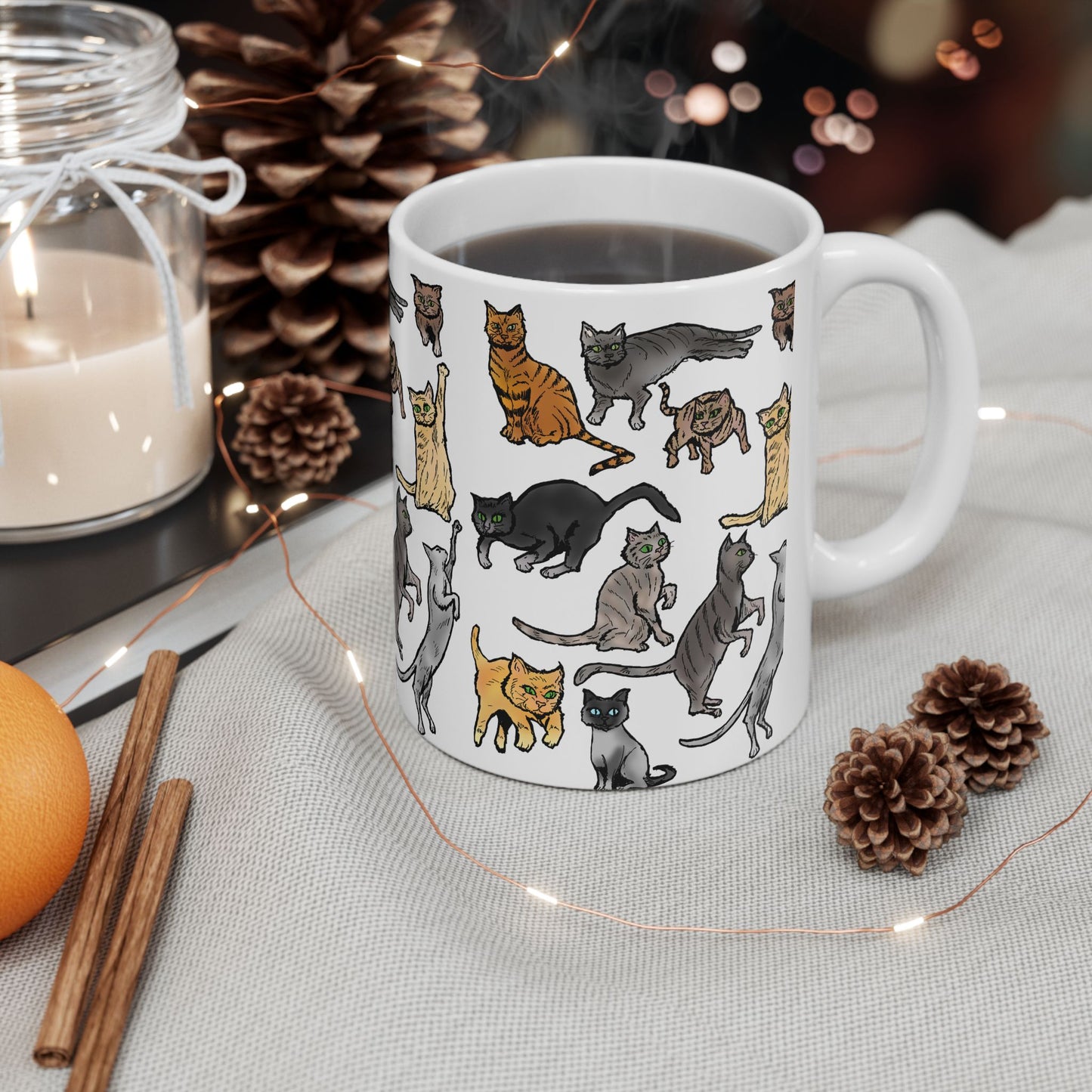 Cat Pattern Ceramic Mug — Cute Illustrated Cats Coffee Cup (11oz, 15oz)