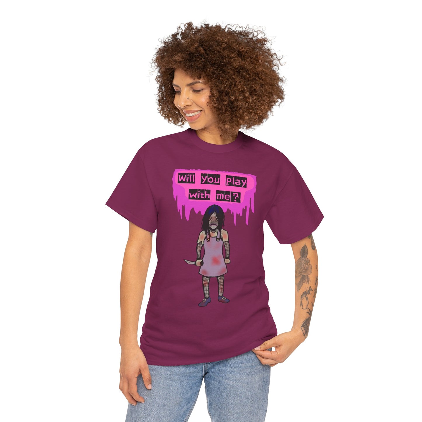 Playful Evil Doll Horror Graphic Tee, Unisex Heavy Cotton Shirt, Casual Wear, Unique Gift, Halloween Costume, Quirky Fashion