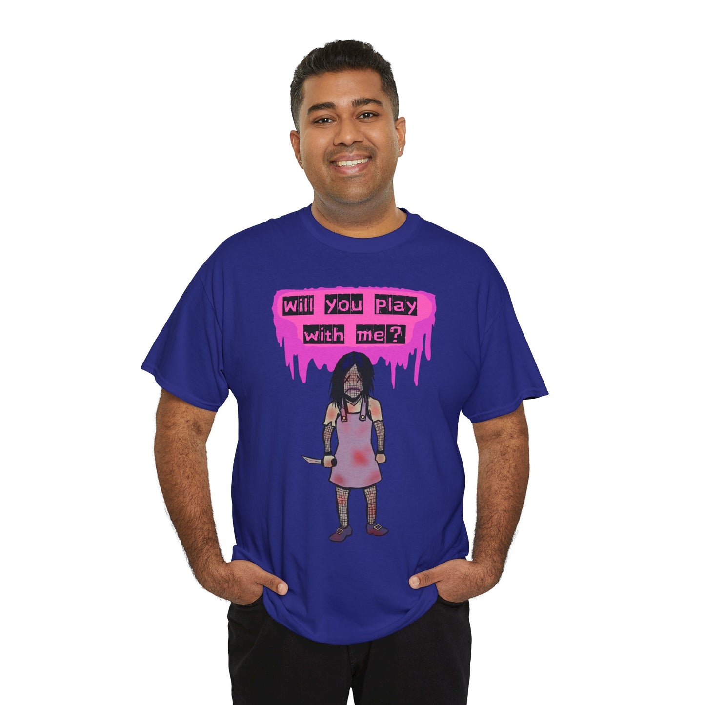 Playful Evil Doll Horror Graphic Tee, Unisex Heavy Cotton Shirt, Casual Wear, Unique Gift, Halloween Costume, Quirky Fashion