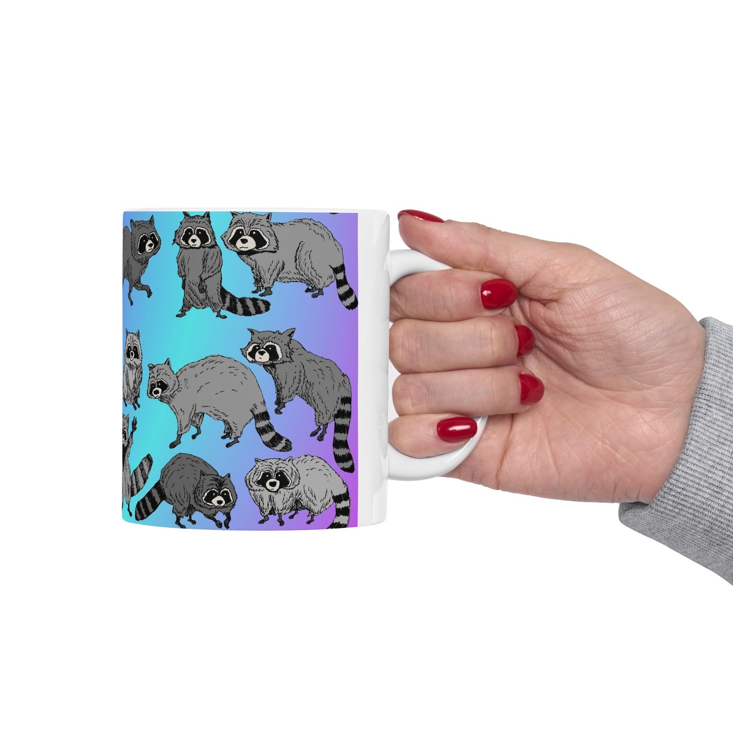 Raccoon Pattern Ceramic Mug — Cute Cartoon Raccoons on Gradient Background (11oz, 15oz)