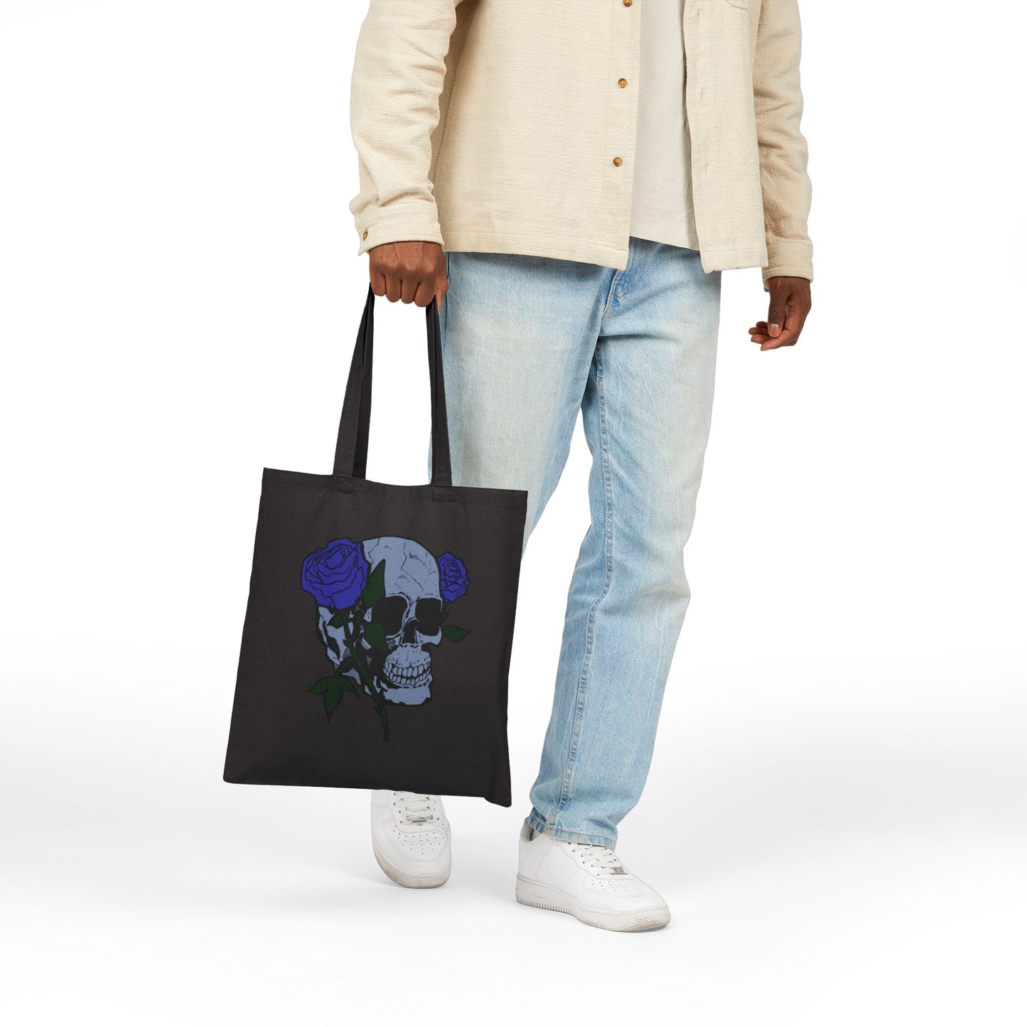 Skull with Blue Roses Cotton Tote Bag – Gothic Floral Canvas Shopper