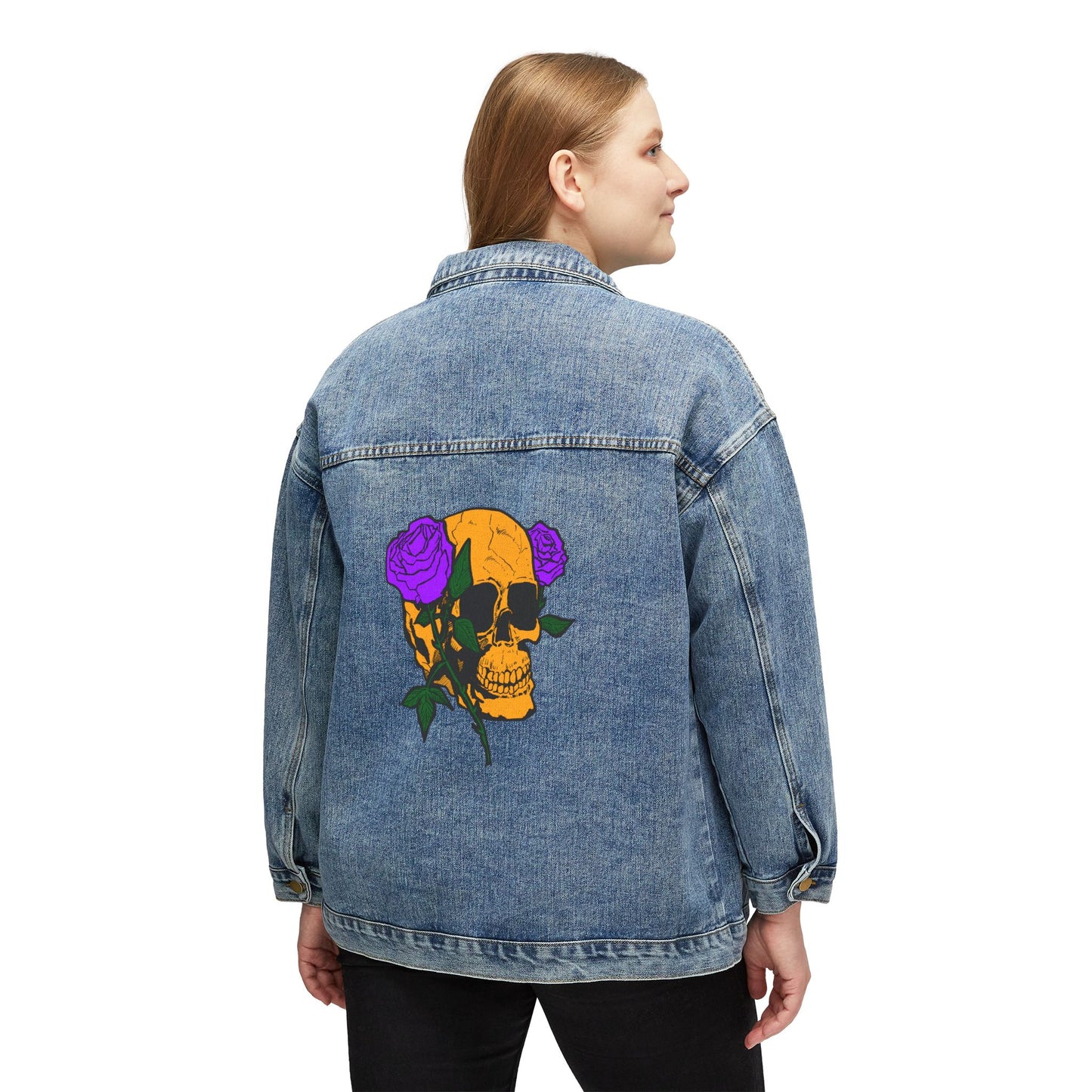 Women's Denim Jacket with Floral Skull Back Graphic - Edgy Boho Moto Jacket