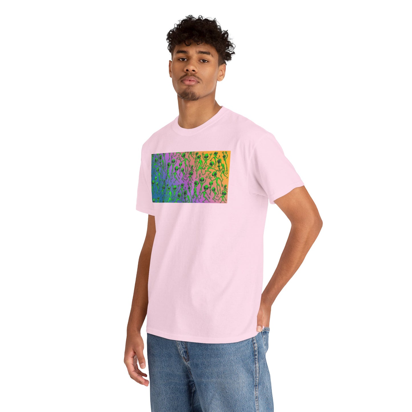 Alien Dance Party Gradient Tee — Colorful Psychedelic Green Aliens Art T-Shirt