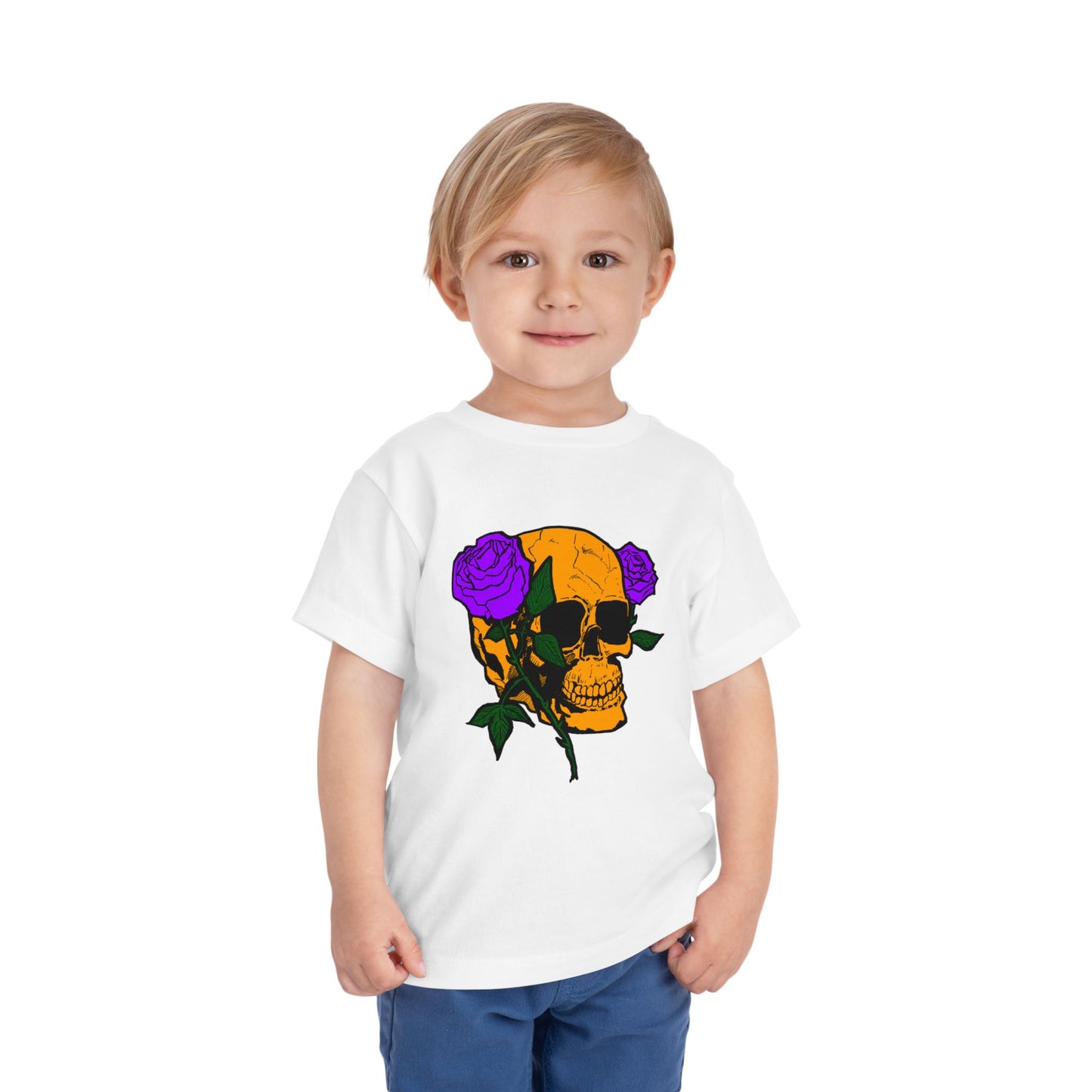 Toddler Tee — Orange Skull with Purple Roses Graphic