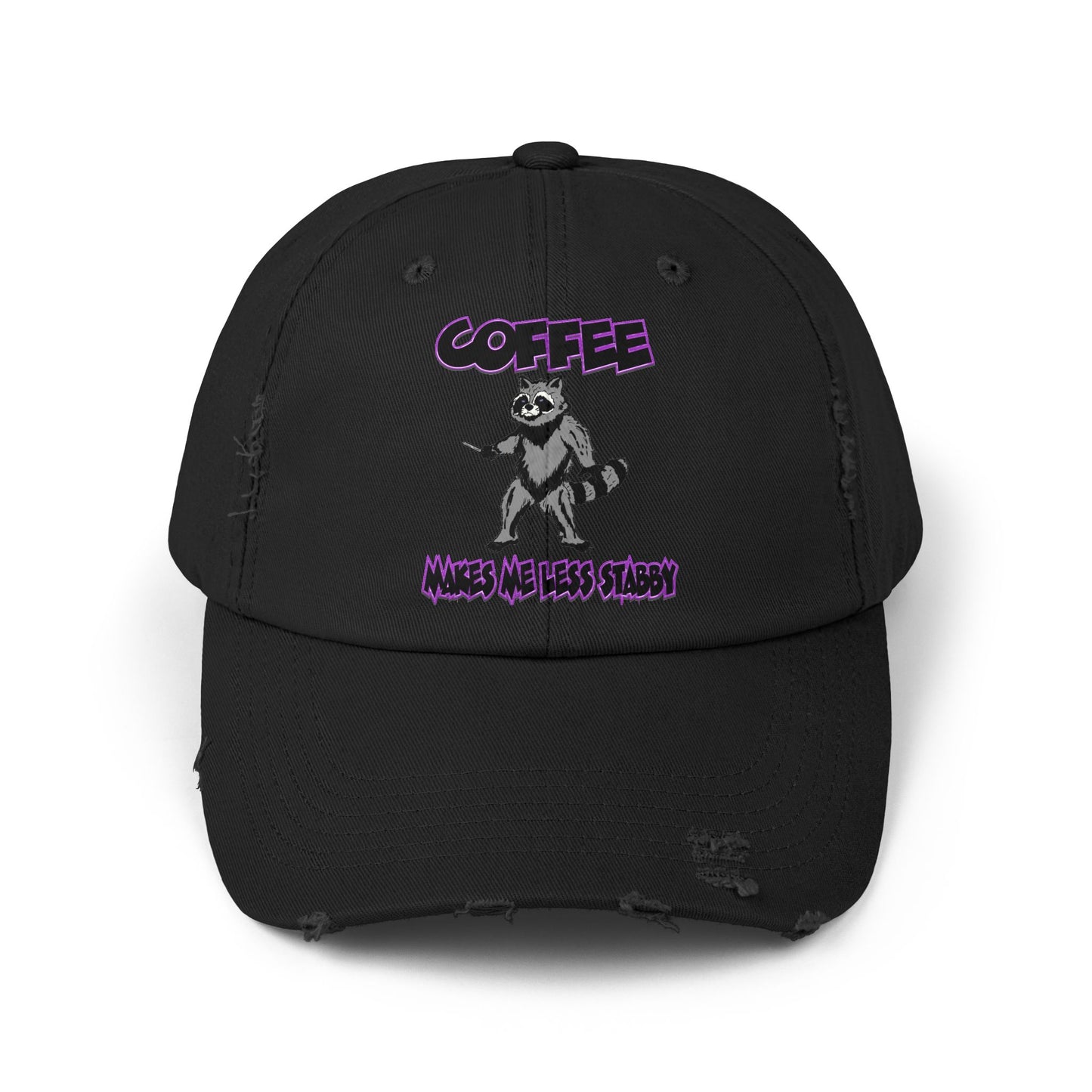 Funny Unisex Distressed Cap - "Coffee Makes Me Less Stabby" - Grumpy Raccoon