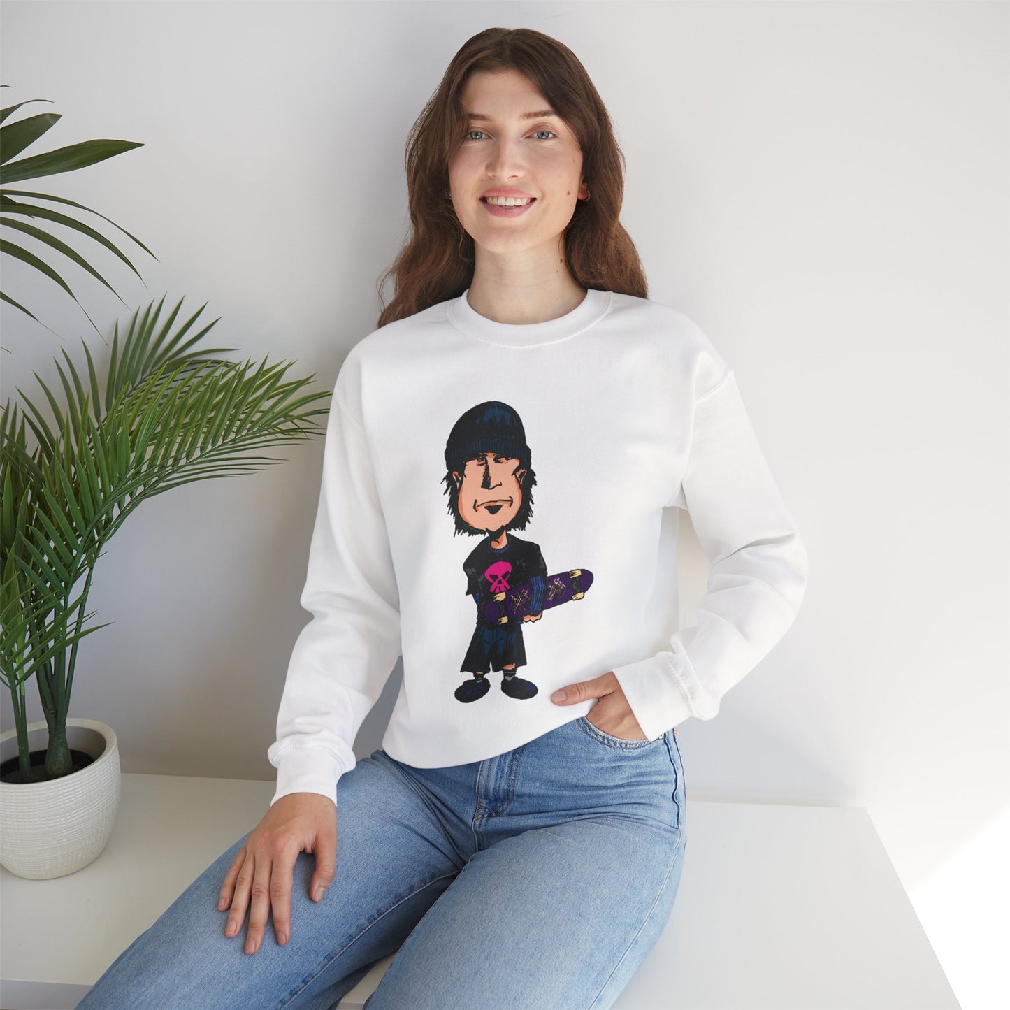 Rude Skater Dude - Skate Punk - Cartoon Skater Crewneck Sweatshirt – Cute Skateboarder Graphic Pullover