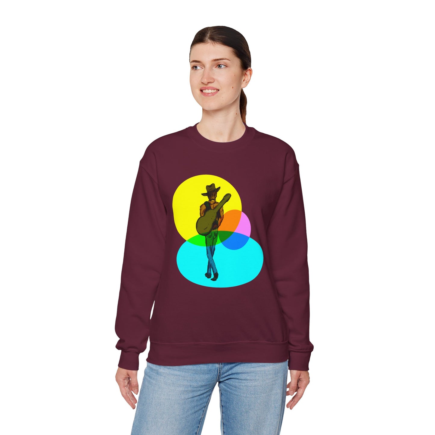 Cowboy Guitarist Graphic Sweatshirt — Retro Color Spot Music Pullover