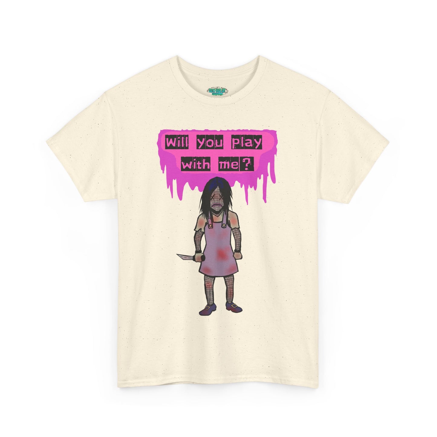 Playful Evil Doll Horror Graphic Tee, Unisex Heavy Cotton Shirt, Casual Wear, Unique Gift, Halloween Costume, Quirky Fashion