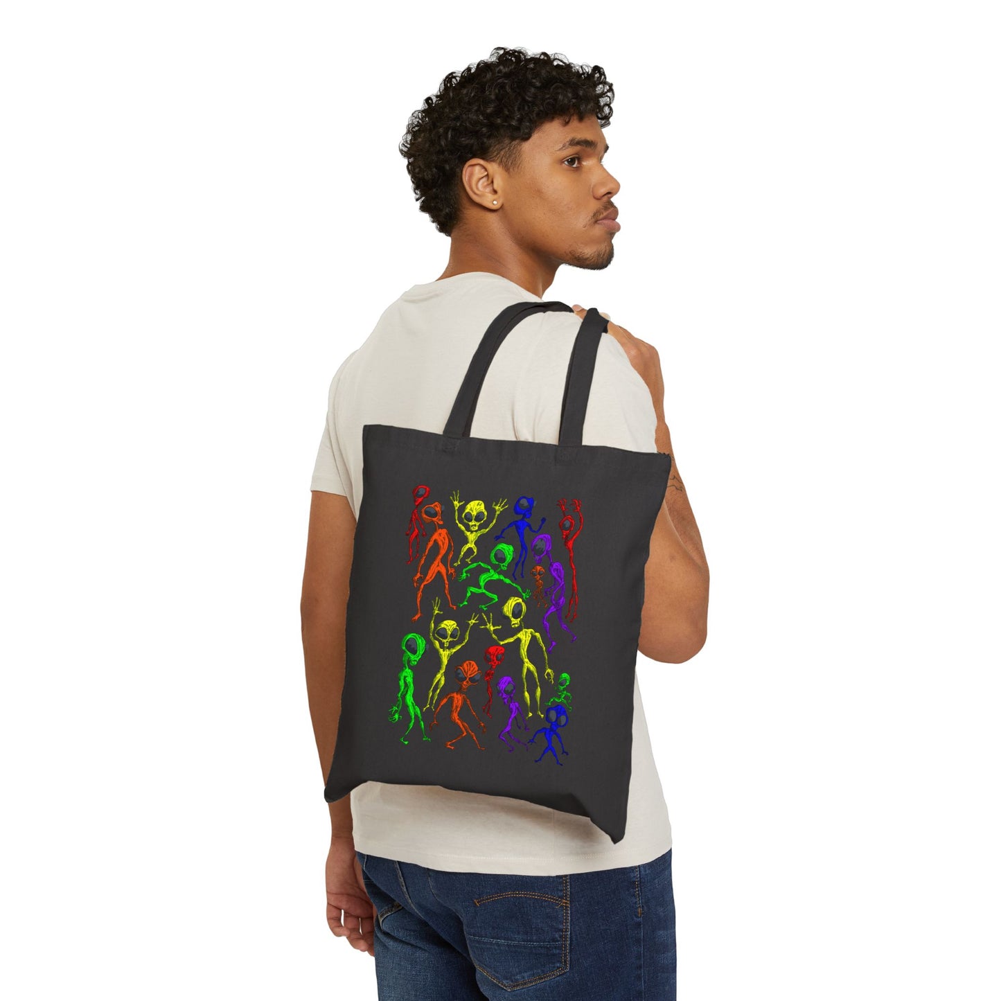 Alien Dance Party Canvas Tote Bag — Colorful Dancing Aliens Graphic Eco Shopper