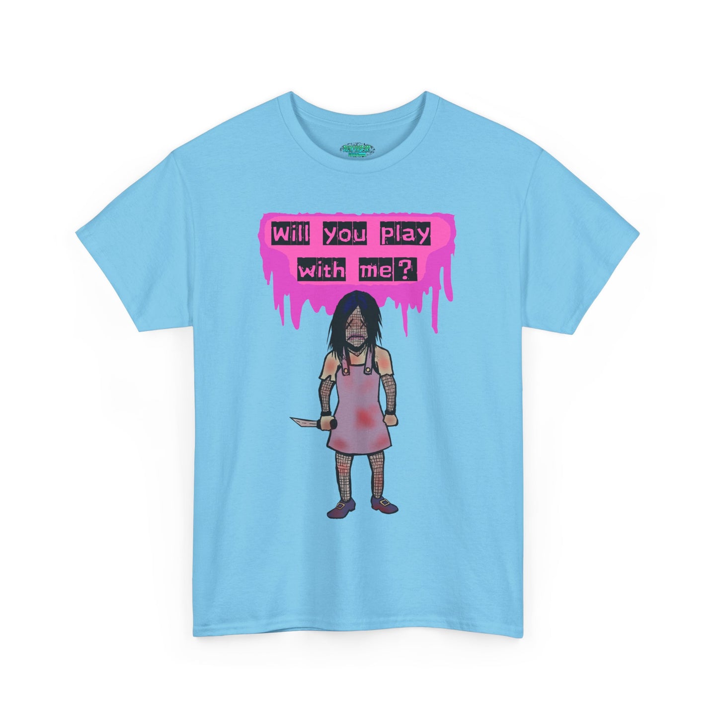 Playful Evil Doll Horror Graphic Tee, Unisex Heavy Cotton Shirt, Casual Wear, Unique Gift, Halloween Costume, Quirky Fashion